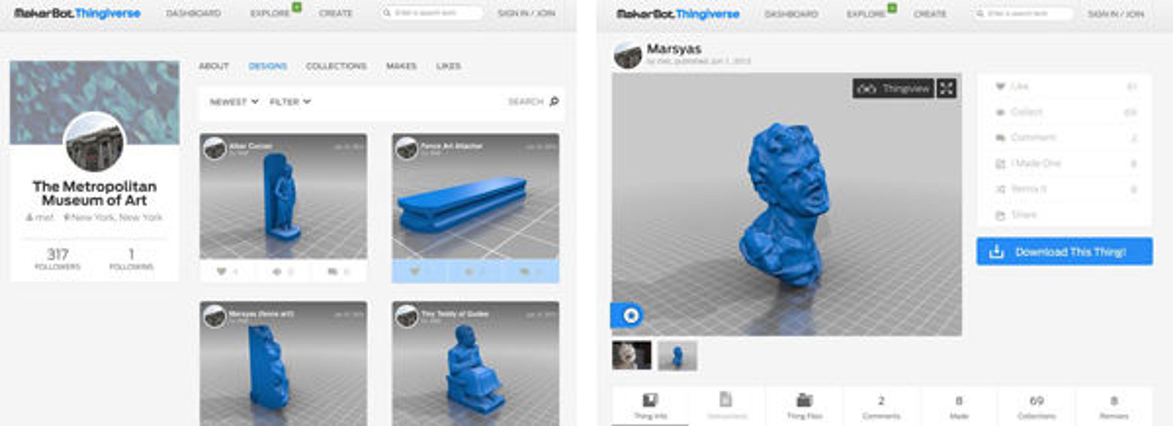Screenshots of 3D objects uploaded to the Met's Thingverse page.