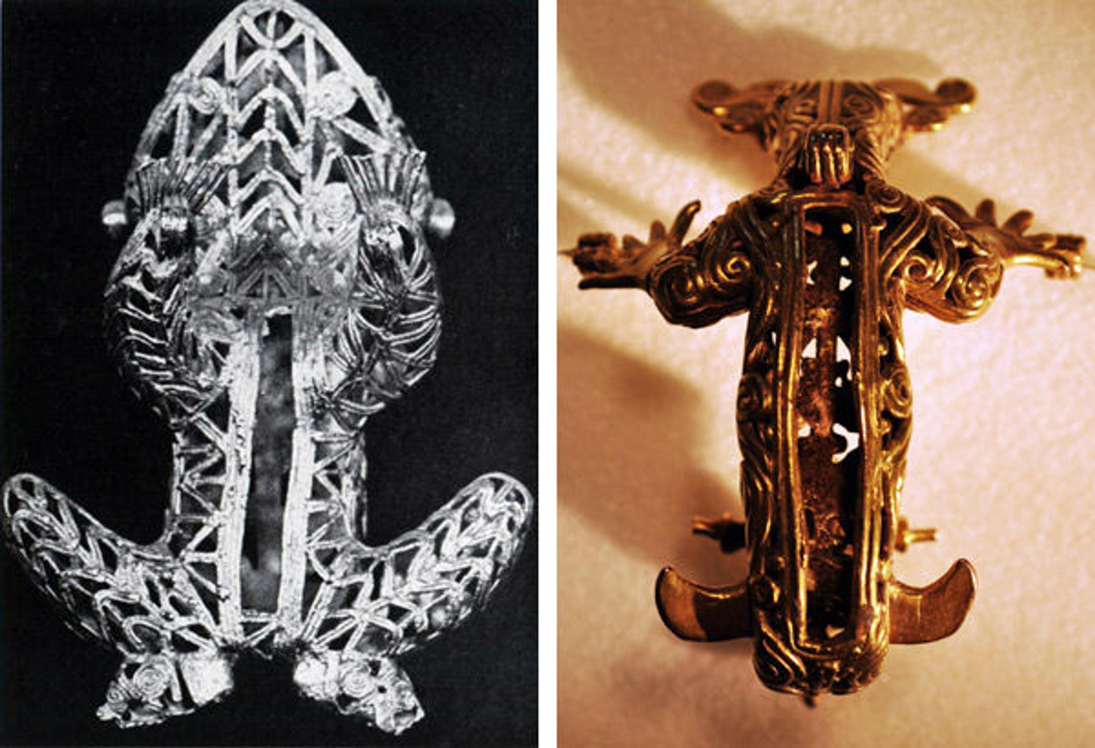 Left: Fig. 6a. Filigree pendant in the form of a frog or toad (underside), A.D. 500/1000. Cast gold; L. 18.26 cm (7 3/16 in.). The Art Institute Chicago, Wirt D. Walker Fund (1969.792); from Lothrop 1956, fig. 7. Right: Fig. 6b. Combined-figure pendant (underside), 700–1000 CE. Coclé, Panama. Gold; H 6.15 x W 5.18 x D 4.13 cm (2 7/16 x 2 1/16 x 1 5/8 in.). Dumbarton Oaks Research Library and Collection, Washington, D.C., Pre-Columbian Collection (PC.B.372)