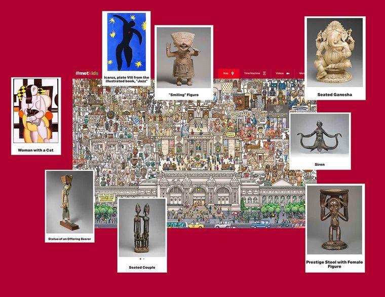 The MetKids map surrounded by eight objects from across The Met collection