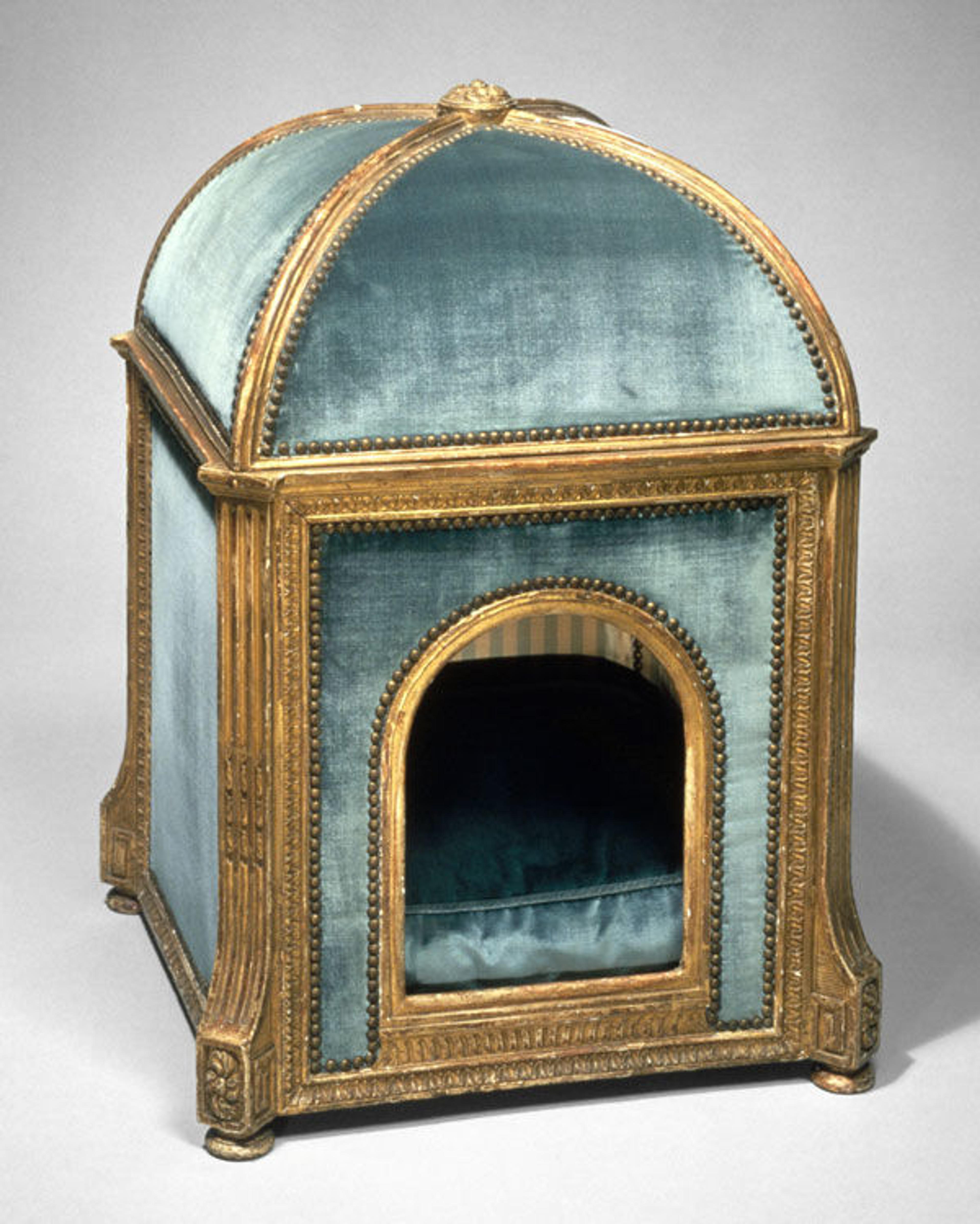 Claude I Sené (1724–1792, master 1743). Dog kennel, ca. 1775–80. French. Gilded beech and pine; silk and velvet; H. 30-3/4 x W. 21-1/2 x D. 21-1/2 in. (78.1 x 54.6 x 54.6 cm); H. of opening: 11-3/4 in. (29.8 cm). The Metropolitan Museum of Art, New York, Gift of Mr. and Mrs. Charles Wrightsman, 1971 (1971.206.18)