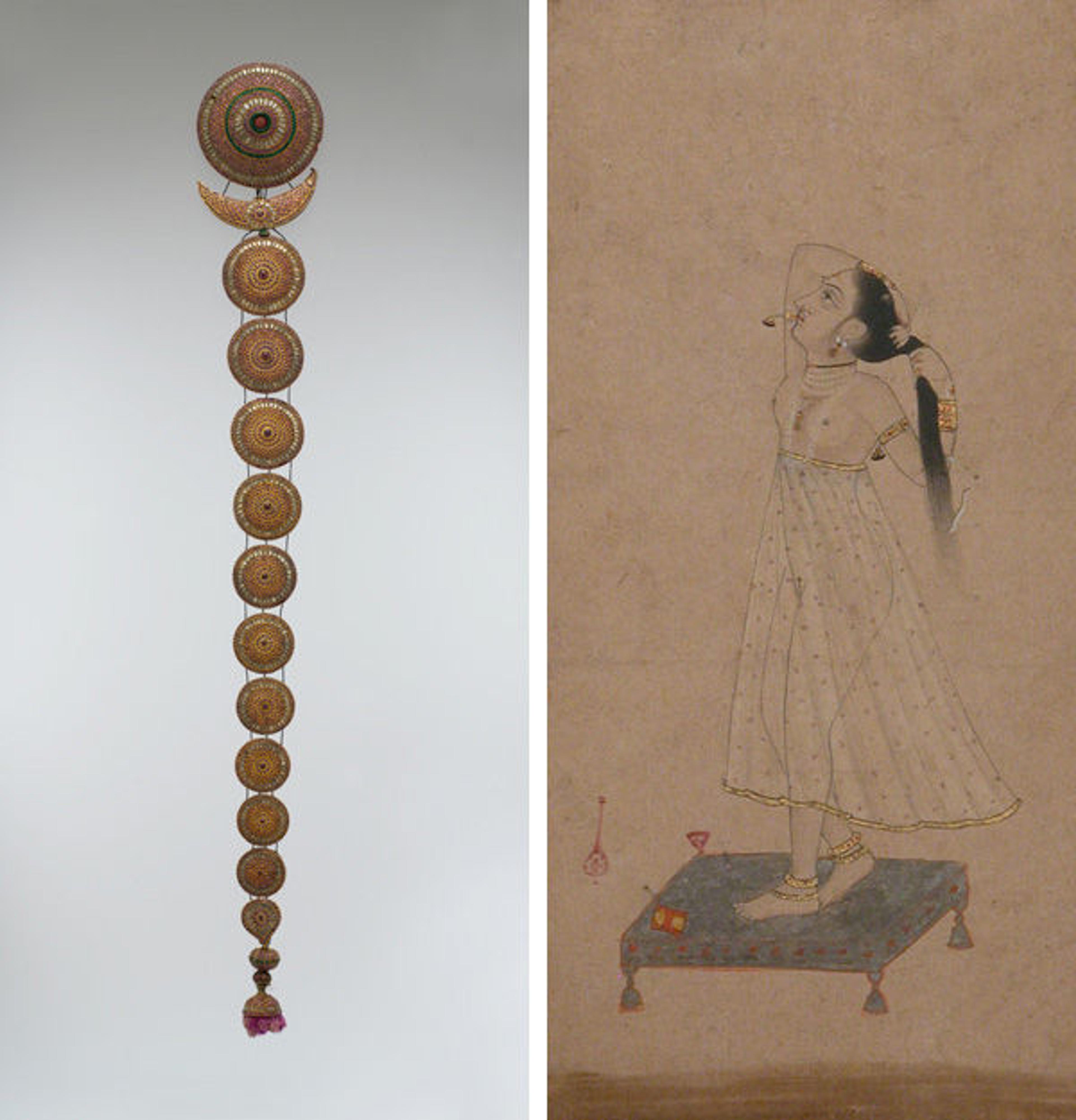 Diptych showing a plait ornament at left, and a drawing of woman fixing her hair at right