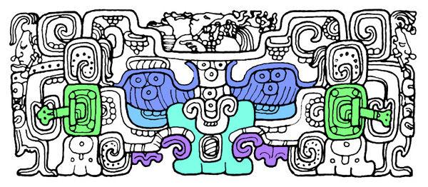Drawing of witz monster Bonampak Stela 1, by Linda Schele. © David Schele.