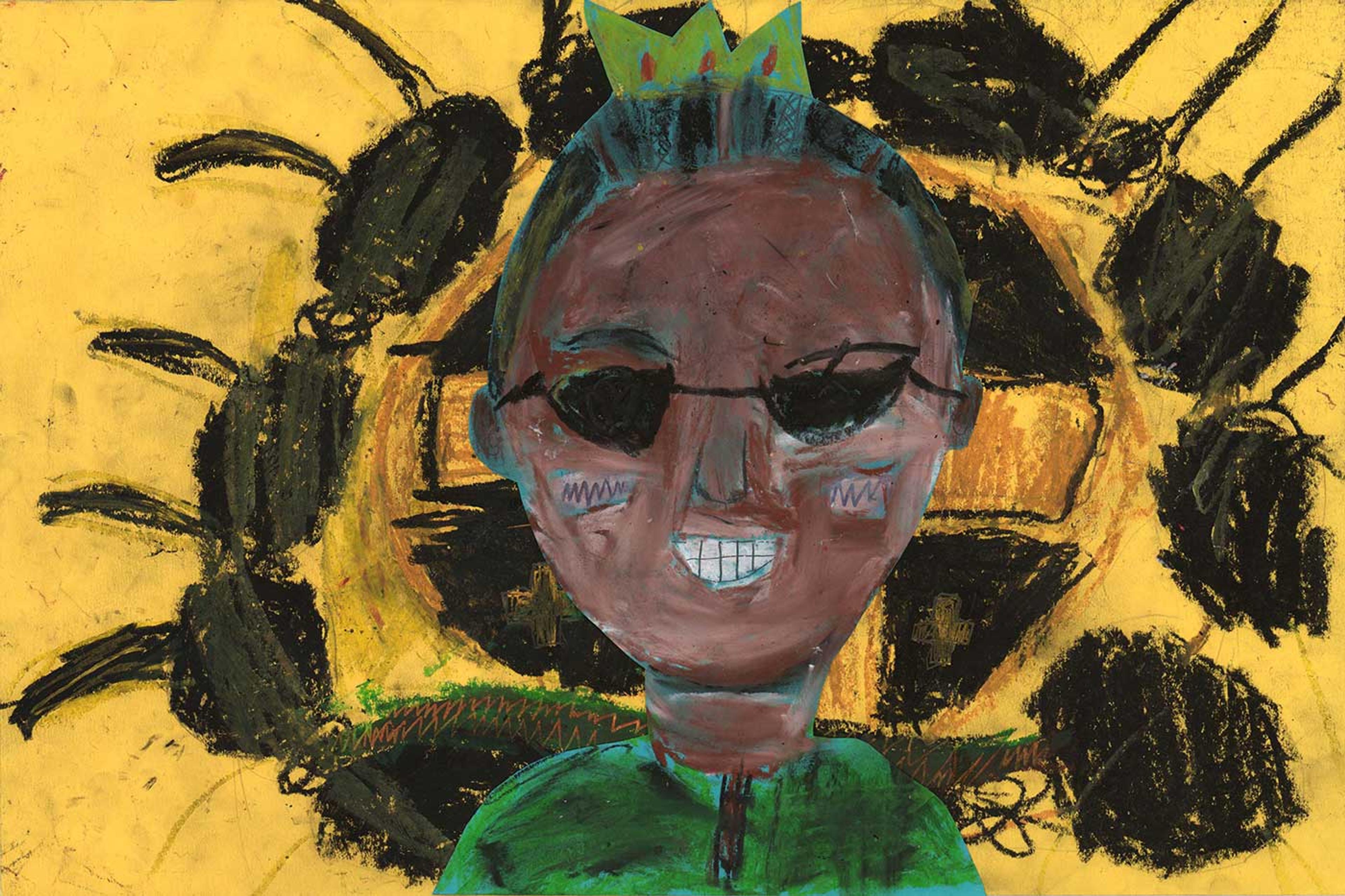 Portrait of a young boy wearing sunglasses on a yellow background.