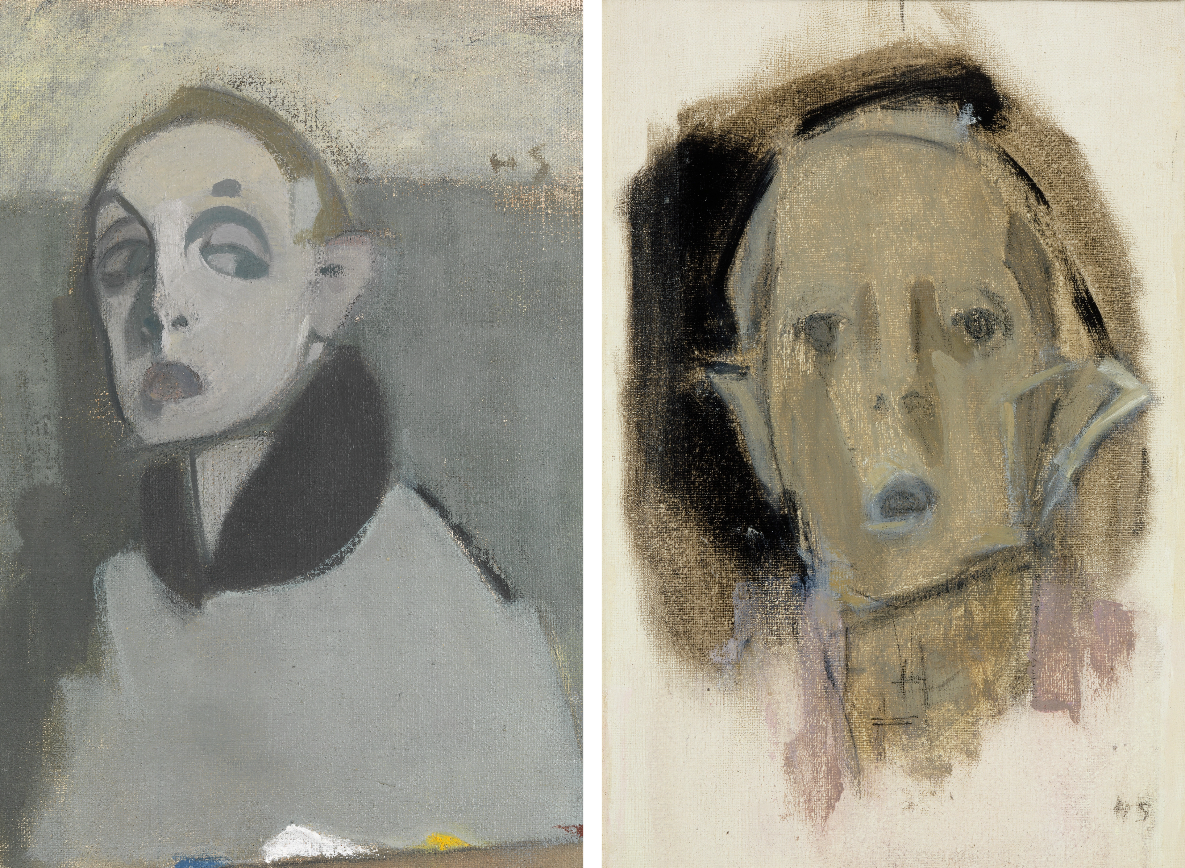 Two stylized portraits shown side by side: on the left, a pale figure with large eyes; on the right, a figure with a mask-like face.