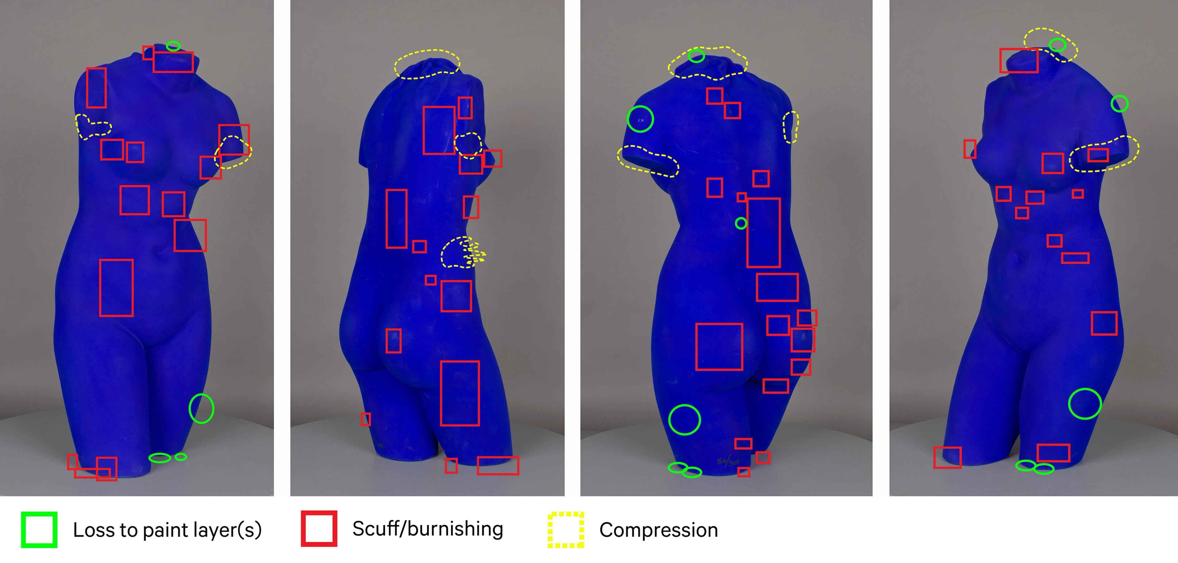 Four views of The Met’s “Blue Venus” with annotations showing paint loss, scuffs, and compression.