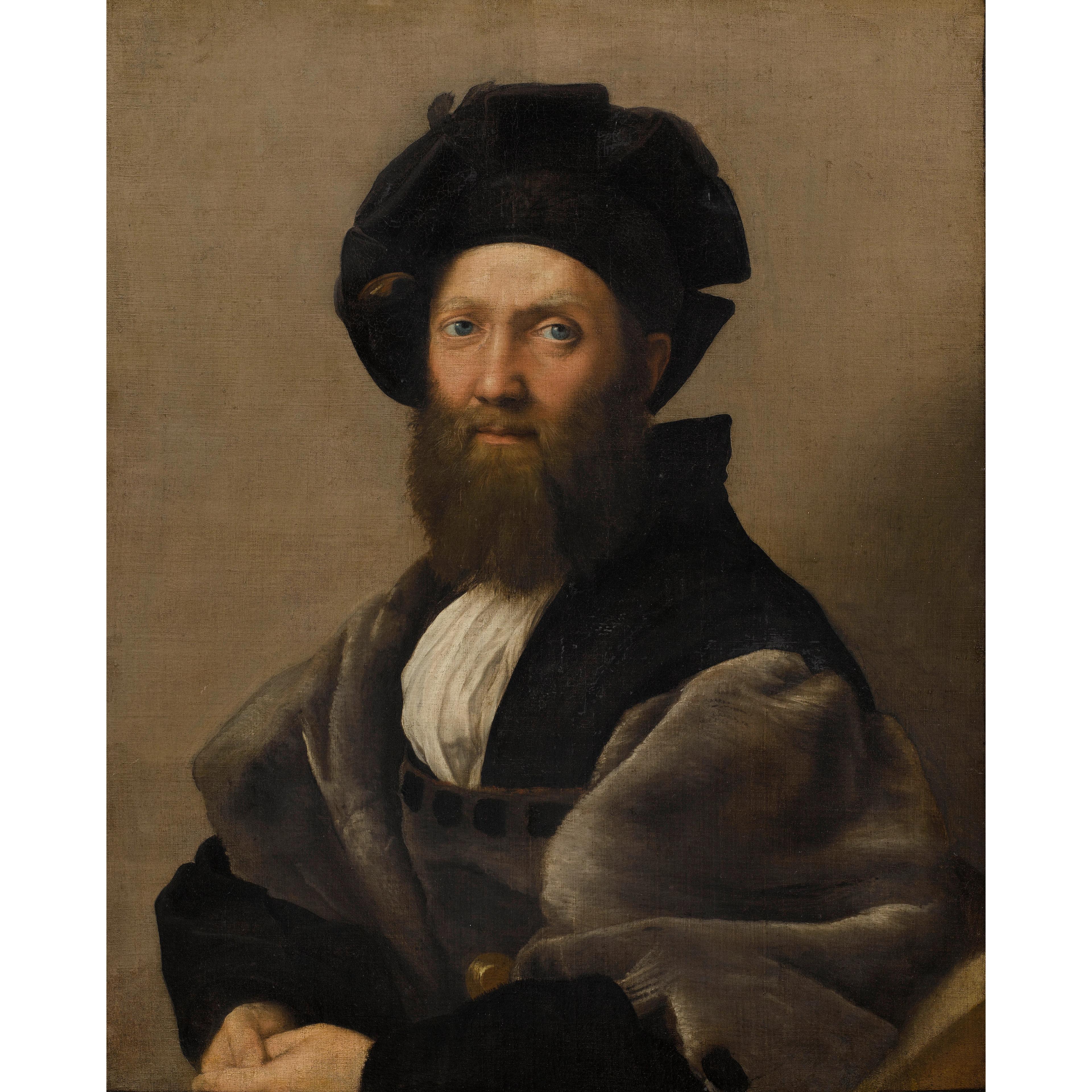 Painting of a bearded man wearing a dark hat and fur-lined cloak over a white shirt.