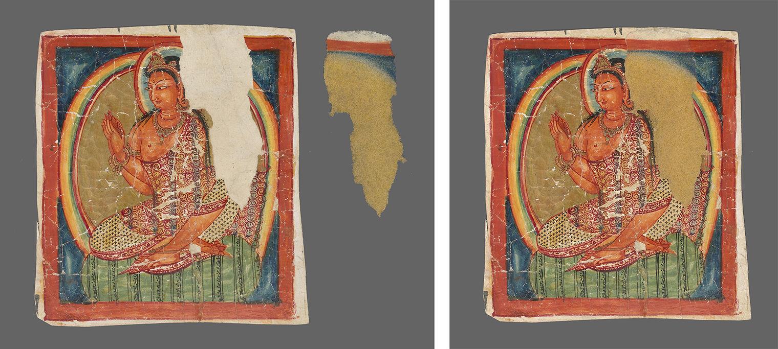 Diptych showing the artwork next to the inpainted paper, and the inpainted paper atop the artwork
