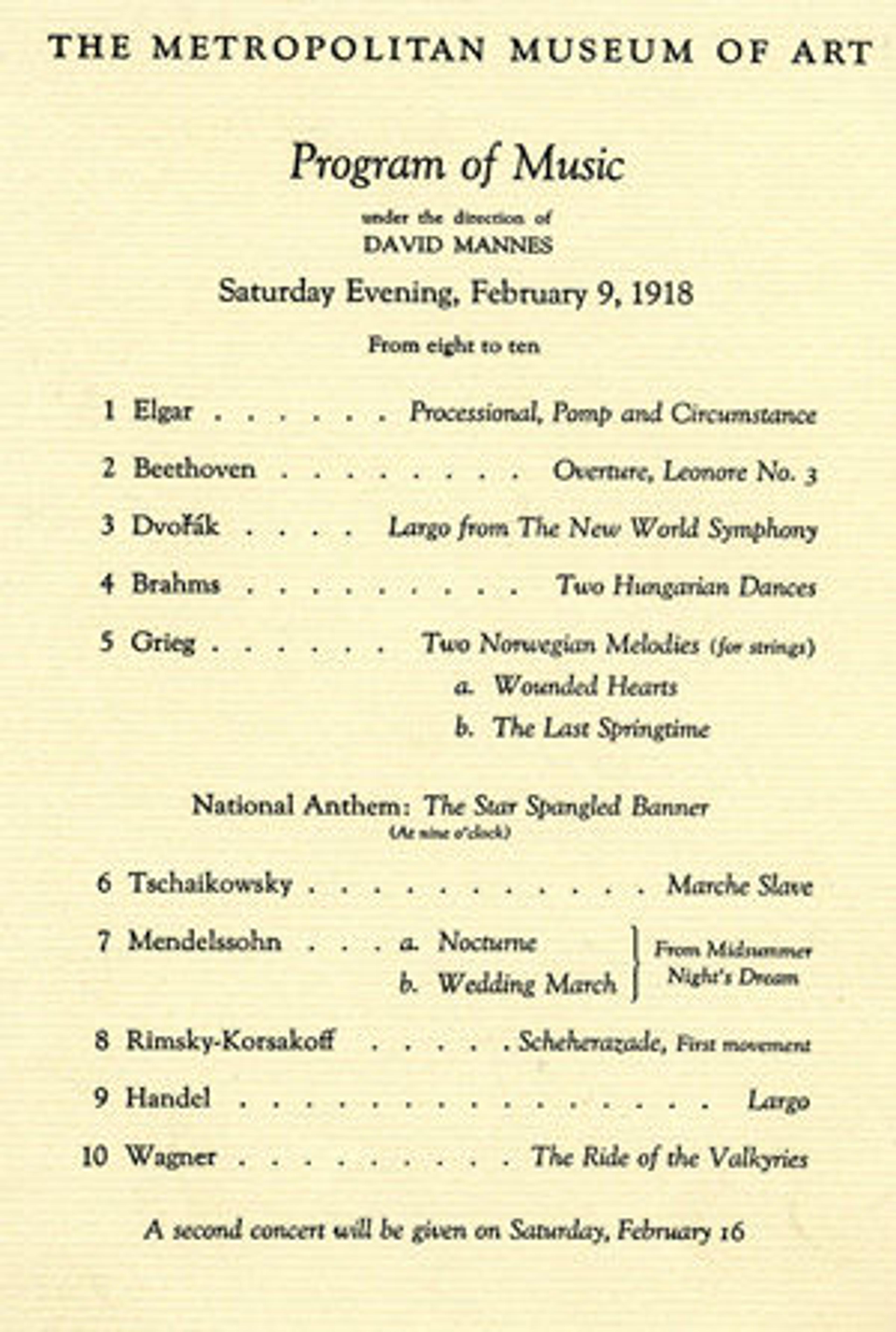 Program of the first free concert held at the Metropolitan Museum of Art