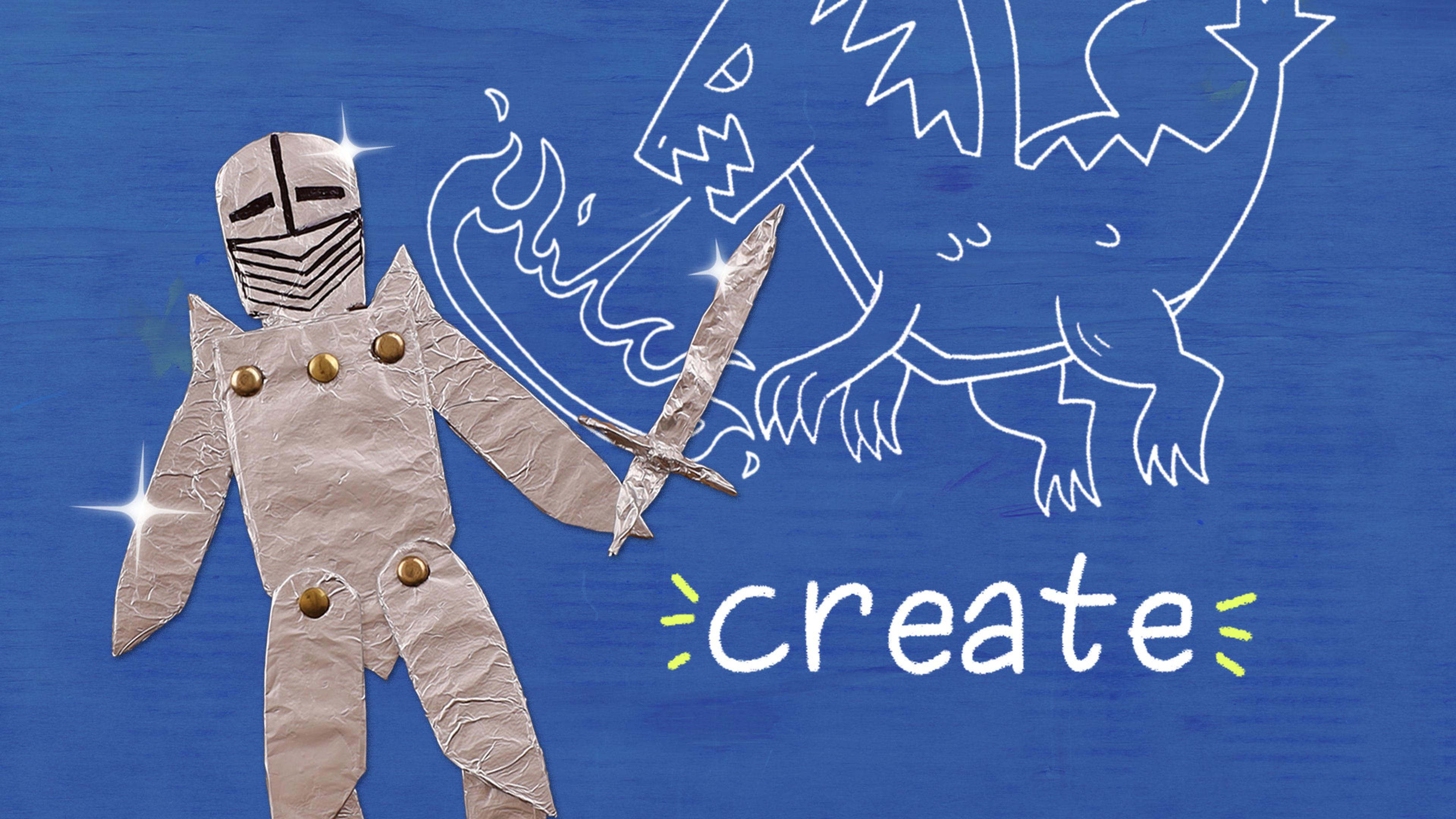 A knight made of tin foil battles a dragon drawing on a blue background with the word "create."