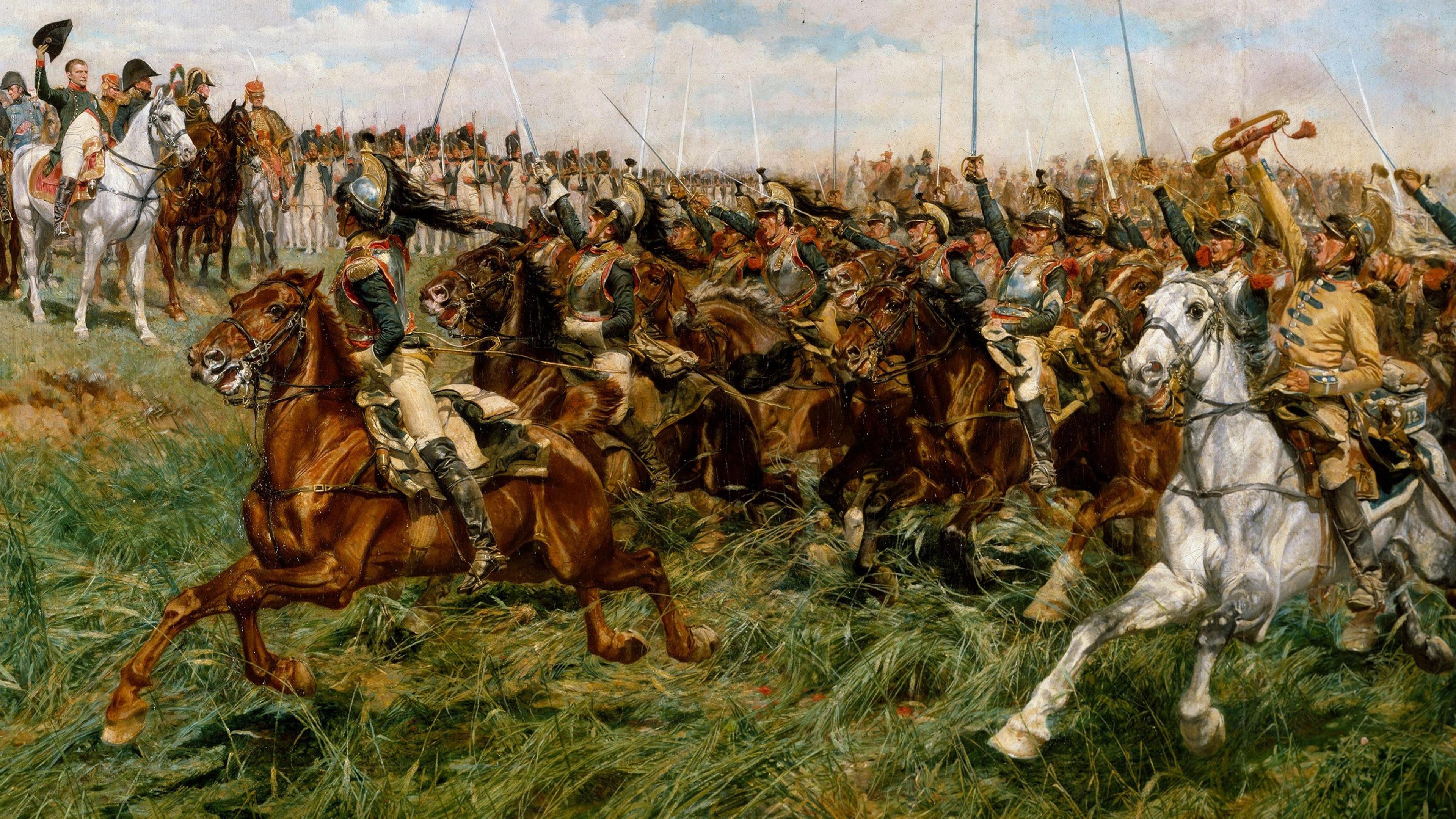 A painting of a dramatic battle scene showing cavalry soldiers charging across a field on horseback, swords raised, with an officer on a white horse observing from the left.