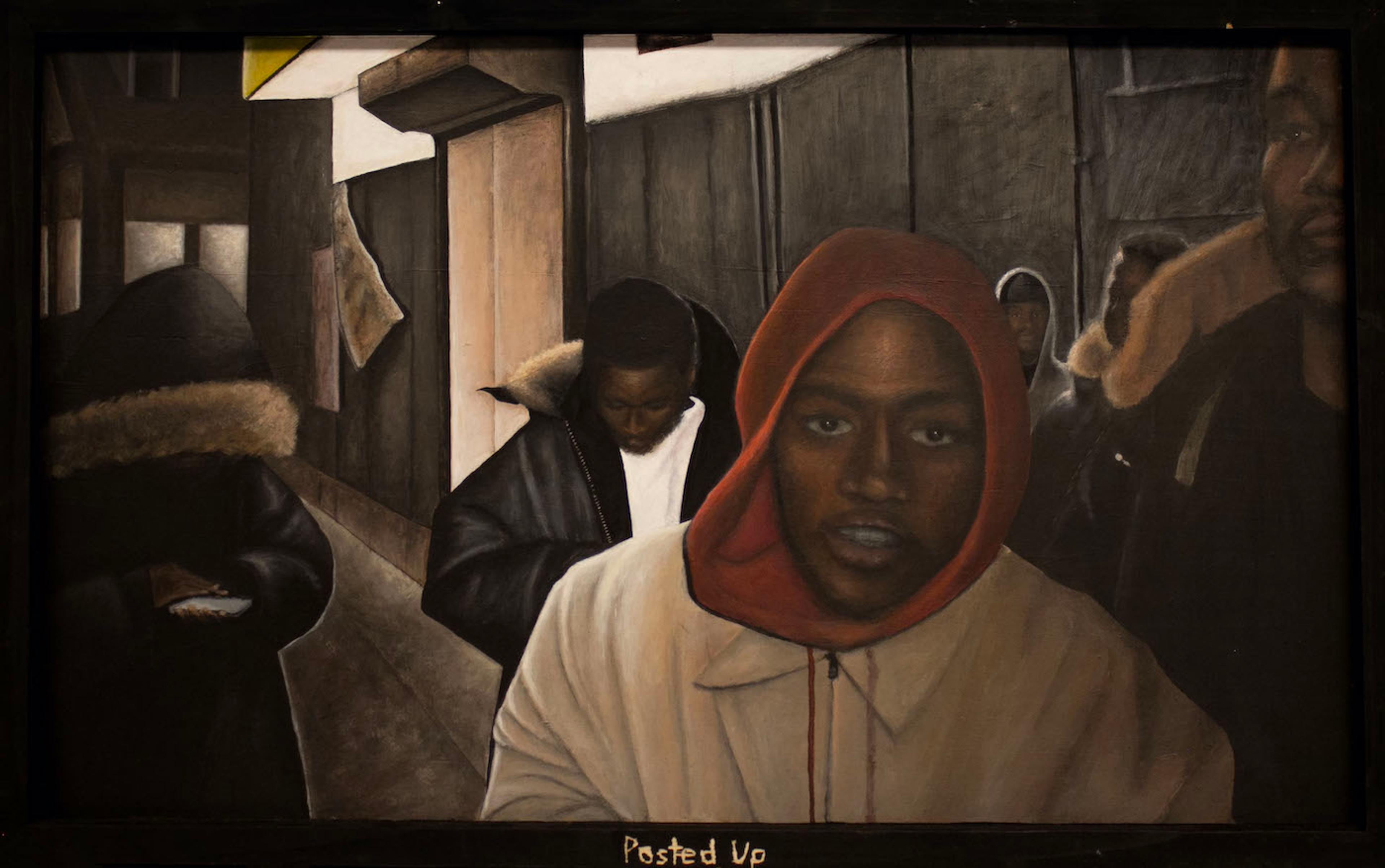 Acrylic on wood illustration of several young Black males walking through a dimly lit walled corridor. At center right in the foreground, a young Black male faces the viewer. He wears a red hood on his head and a white coat. A pale light from above faintly illuminates a support pillar in the background.
