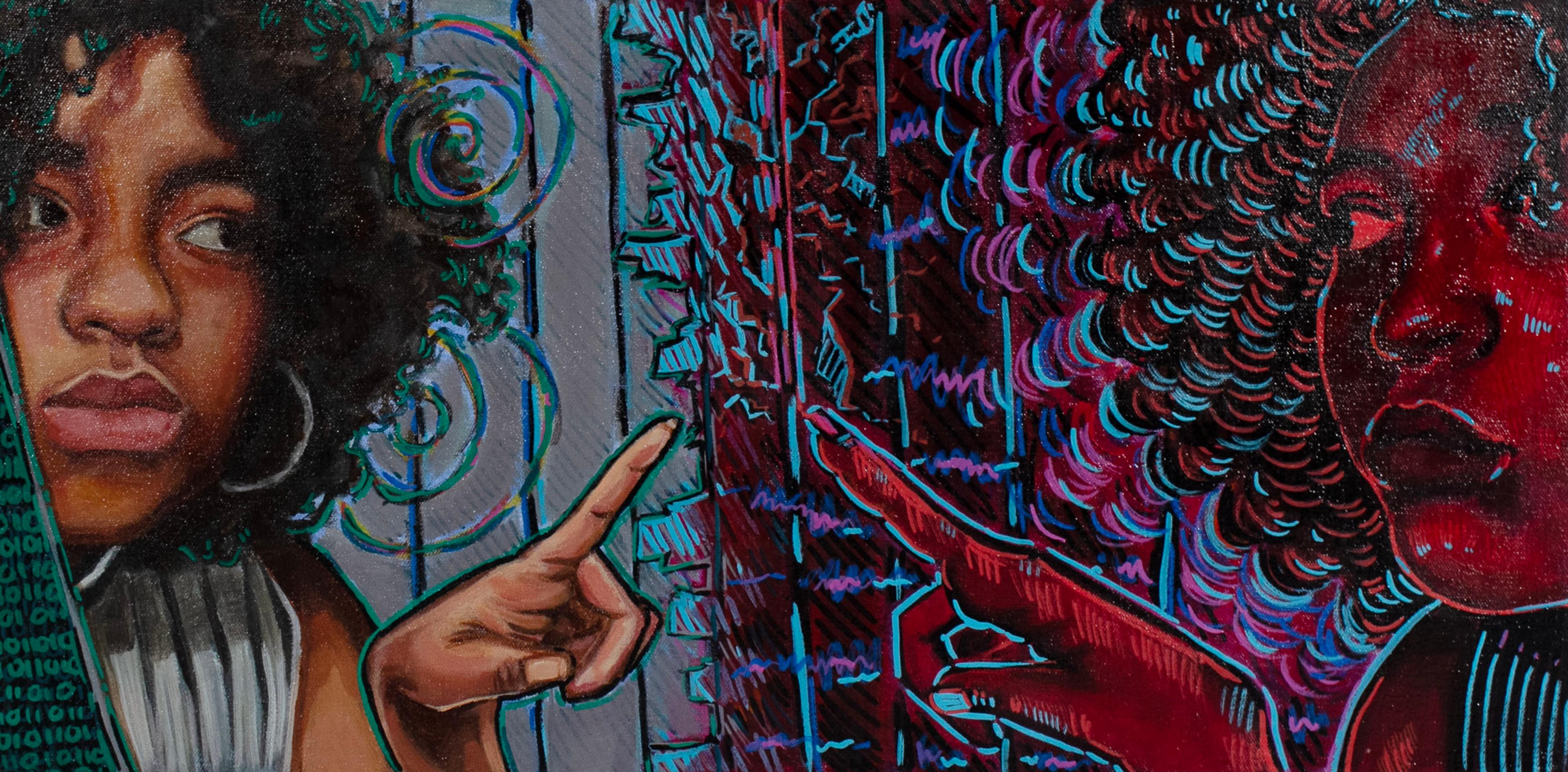 Acrylic-on-canvas painting of the head and shoulders of an adolescent Black girl with curly black hair at left, facing right and pointing her left index finger at her own mirror reflection to the right that points directly back at her. The girl's reflection is painted in fine, neon red reverse strokes on black with cyan highlights. A cast iron ornamental door guard appears behind the girl at left. At far left, a black bar extends vertically and diagonally out of the frame. The surface of the black bar is covered in tiny rows of green zeroes and ones, suggesting binary computer code.