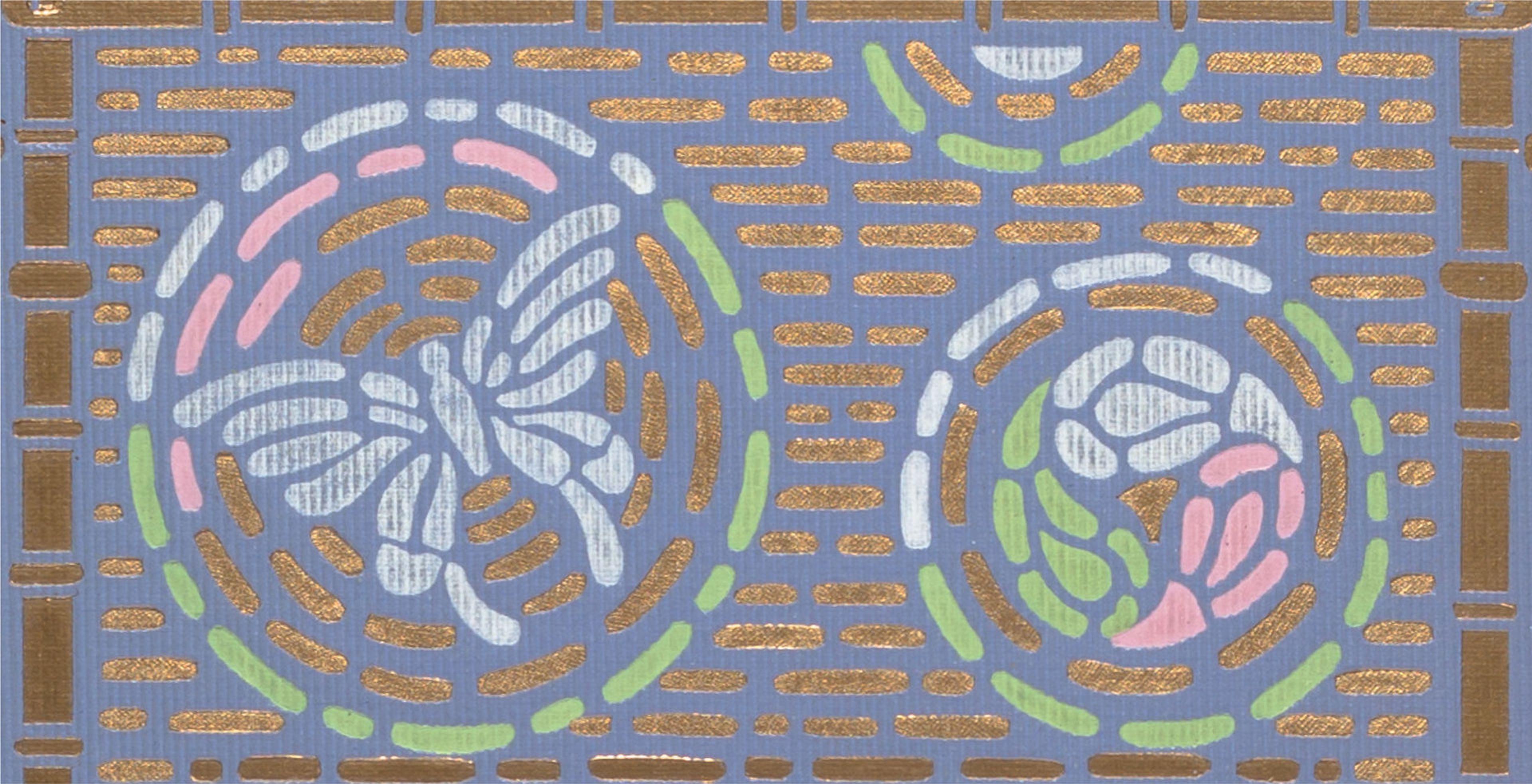 A close look at a book cover featuring a butterfly on the left and a circular floral design on the right, with pastel blue, pink, and green accents.