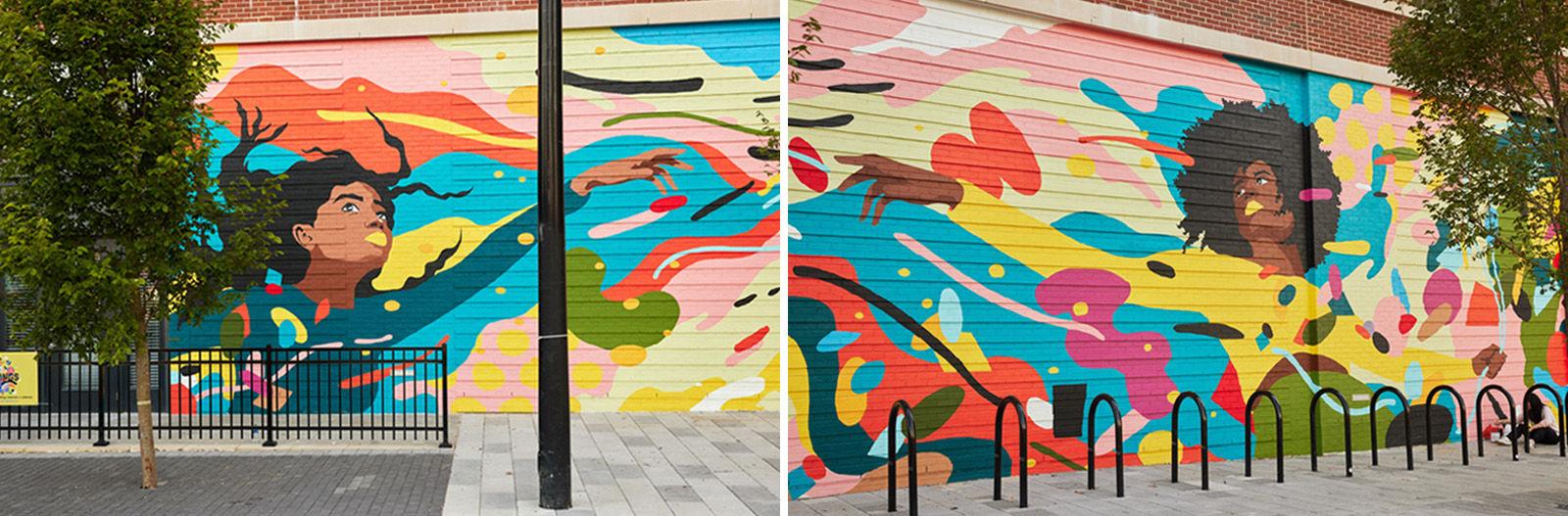 Two colorful murals side by side. Both feature women with their hands reaching out.