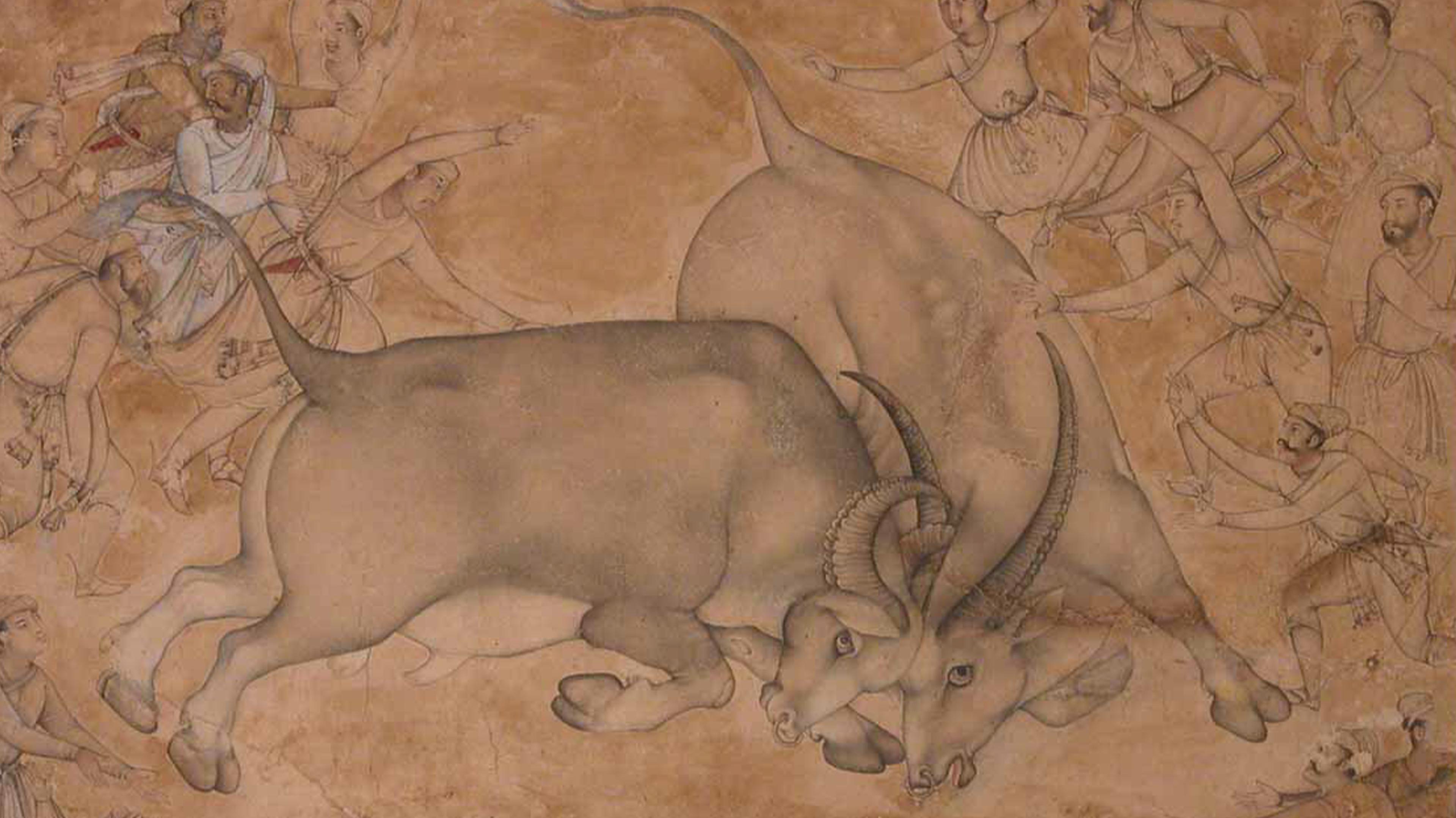 An ancient fresco depicts a dynamic scene where multiple figures attempt to subdue a large, powerful bull, showcasing the artistic style and storytelling of a bygone era.