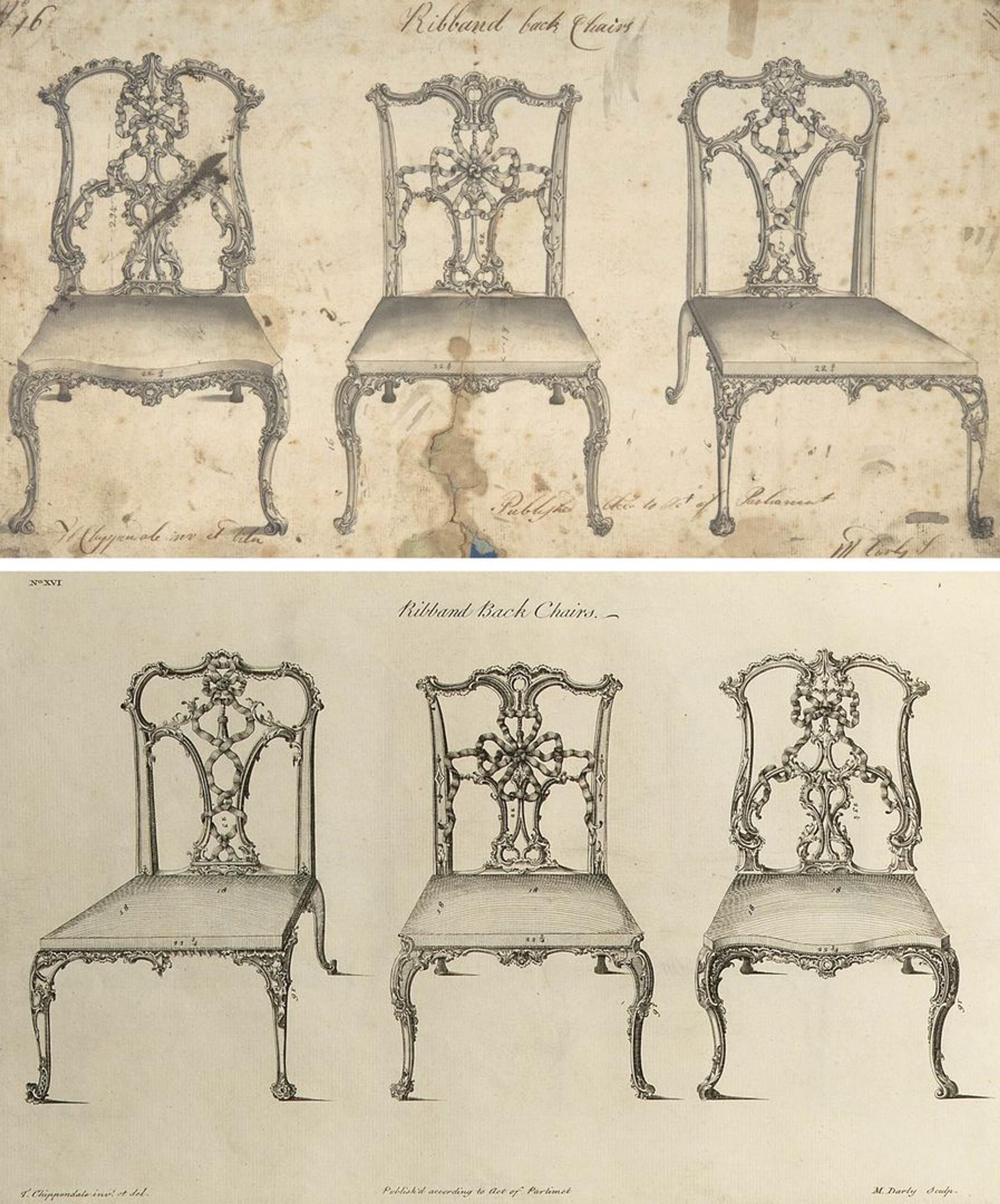 Designs for ribband back chairs by Thomas Chippendale (top) and Matthew Darly (bottom)