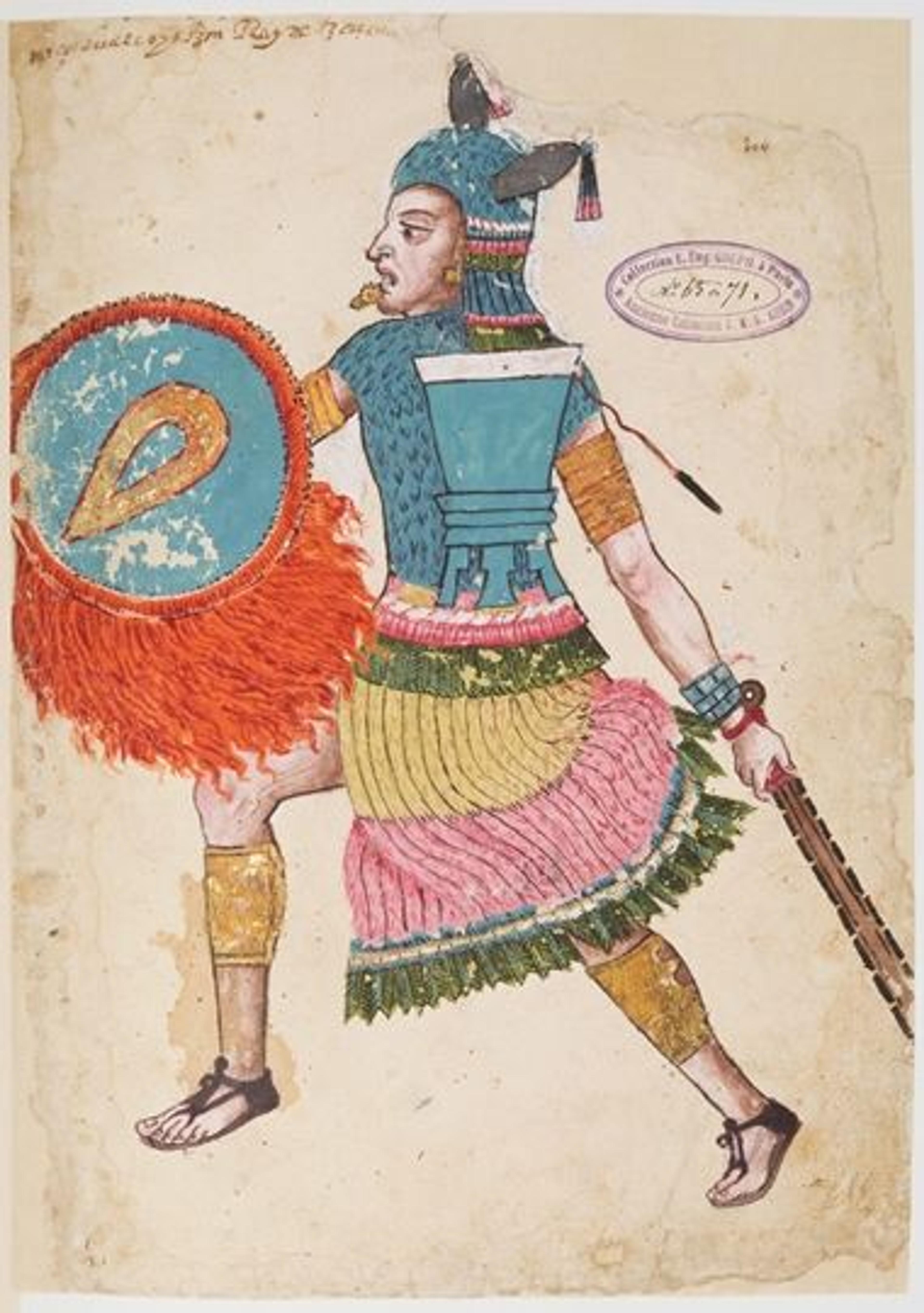 Page from the Codex Ixtlilxochitl, an ancient American manuscript, featuring a color drawing of the Aztec lord Nezahualcoyotl