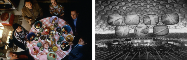 At left, a group of people at a round table loaded with colorful plates and a pink and white tablecloth, photographed from above. At right, a movie theater with angular architectural shapes.