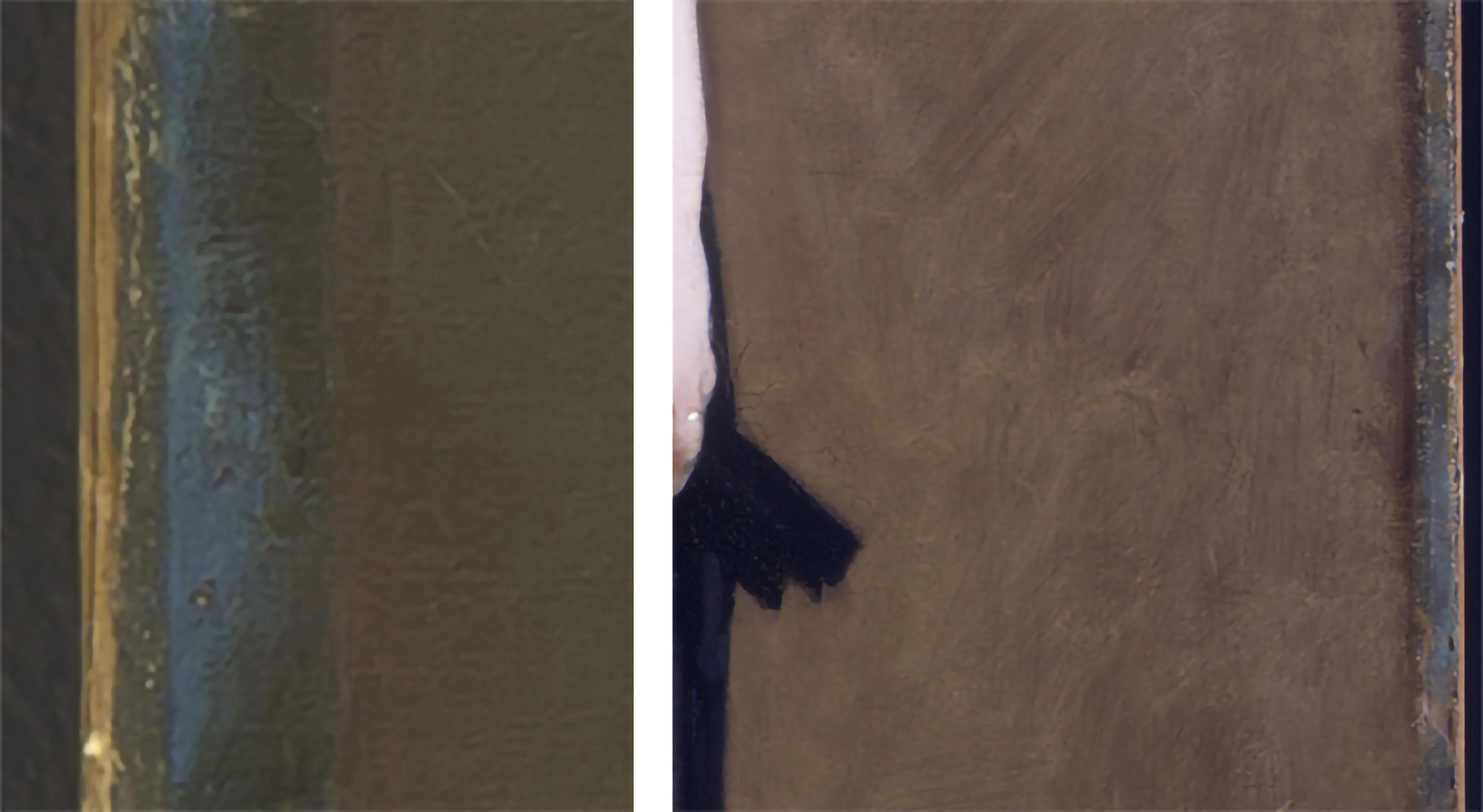 Details of the edges of Singer's "Madame X" which reveal the original cerulean blue background