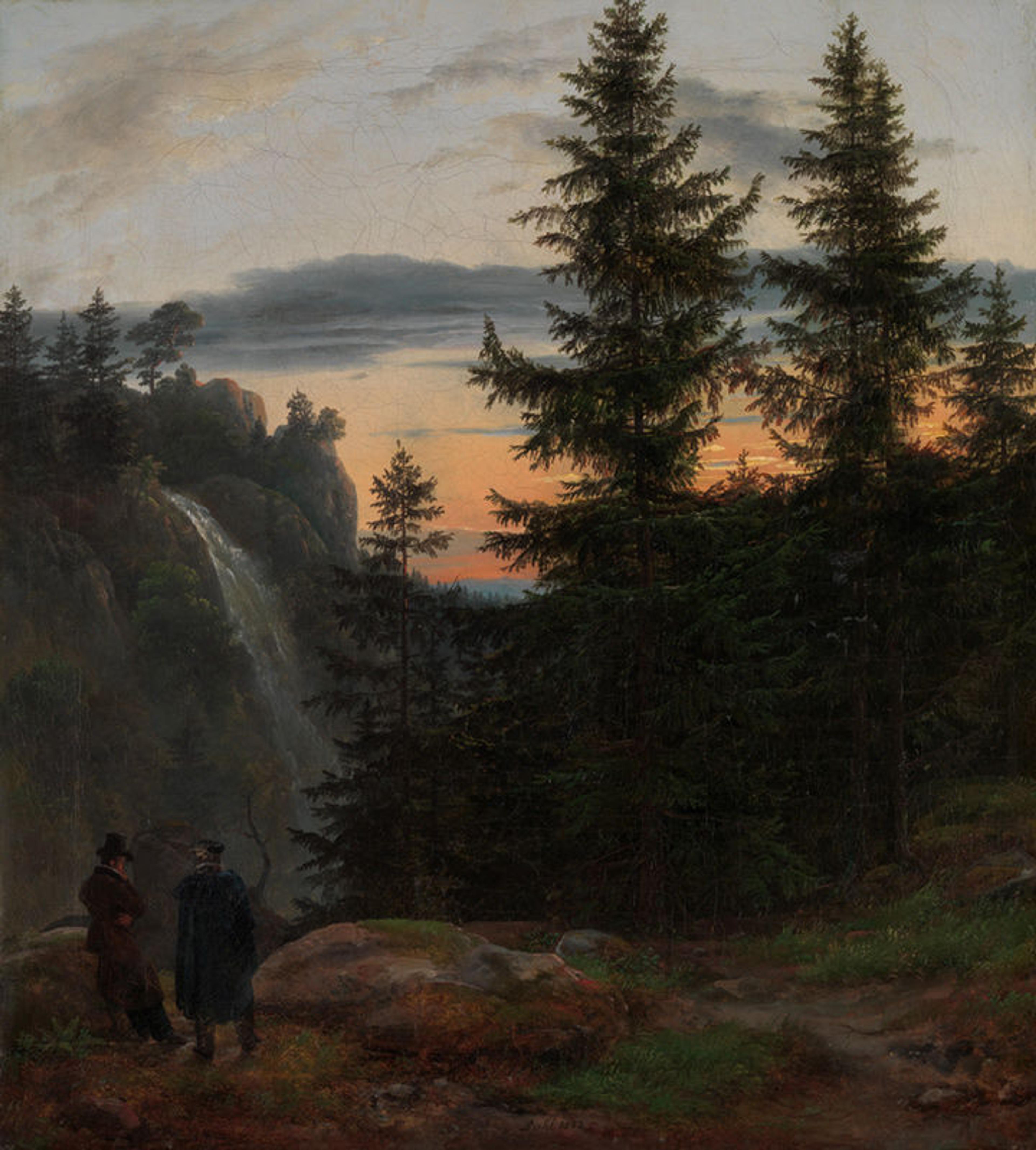 A painting of two men standing on a cliff before a majestic waterfall during sunset