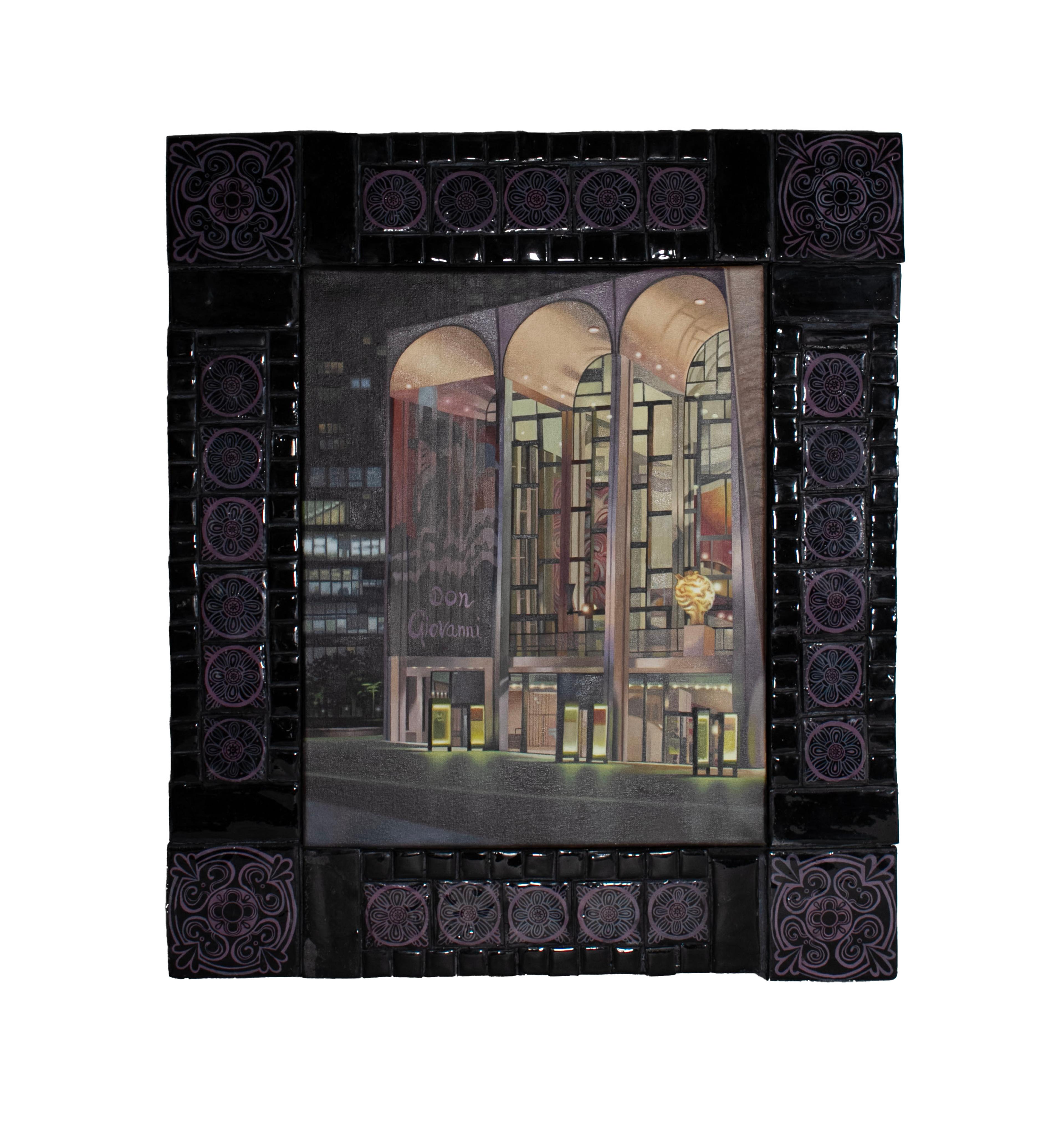 Oil painting of the exterior of the Metropolitan Opera House at Lincoln Center at night. Three very tall windows with curved arches at top emerge from the building façade. The words Don Giovanni are written on a large banner hanging inside the building to the left. A random grid work of black rectangular frames adorn the tall picture windows at the front of the building. The glow of interior lights is reflected on the street plaza in front. A tall lit office building appears in the distant background. The entire painting is enclosed in a dark black frame create with , polymer clay and decorated with ornate, round resin tiles.