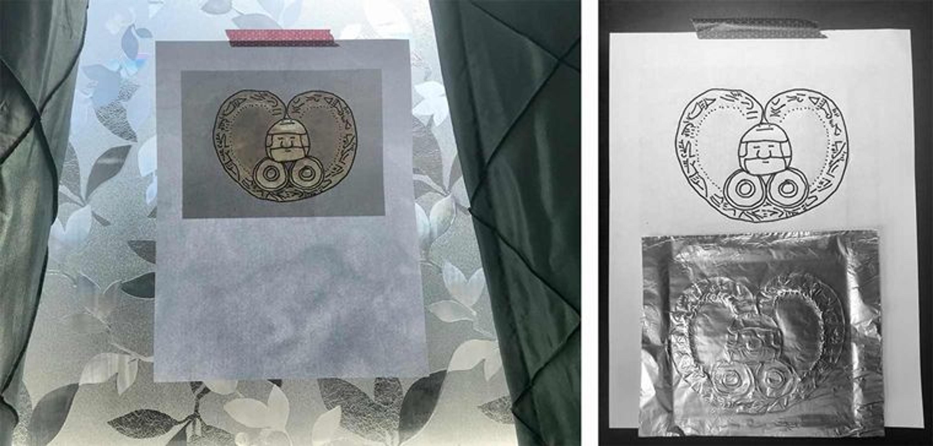 Left: a computer printout of a heart-shaped gold pendant is taped to a window. Right: a repousséed piece of tin foil with the design from the pendant on it rests over a drawing of the pendant.