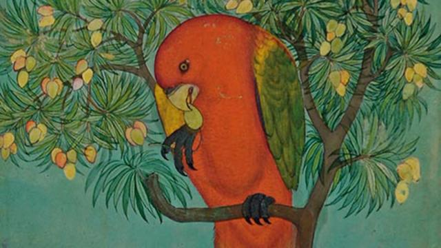 A Parrot Perched on a Mango Tree; a Ram Tethered Below