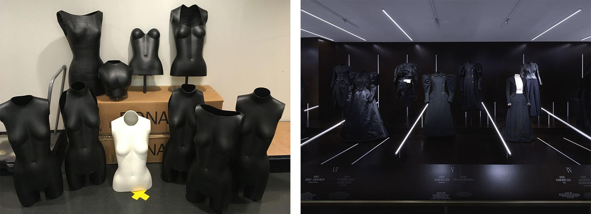 On left: a group of several black and one white mannequin torsos. On right: Installation photo of all-black, Victorian inspired couture<em>About Time: Fashion and Duration</em> at The Met.