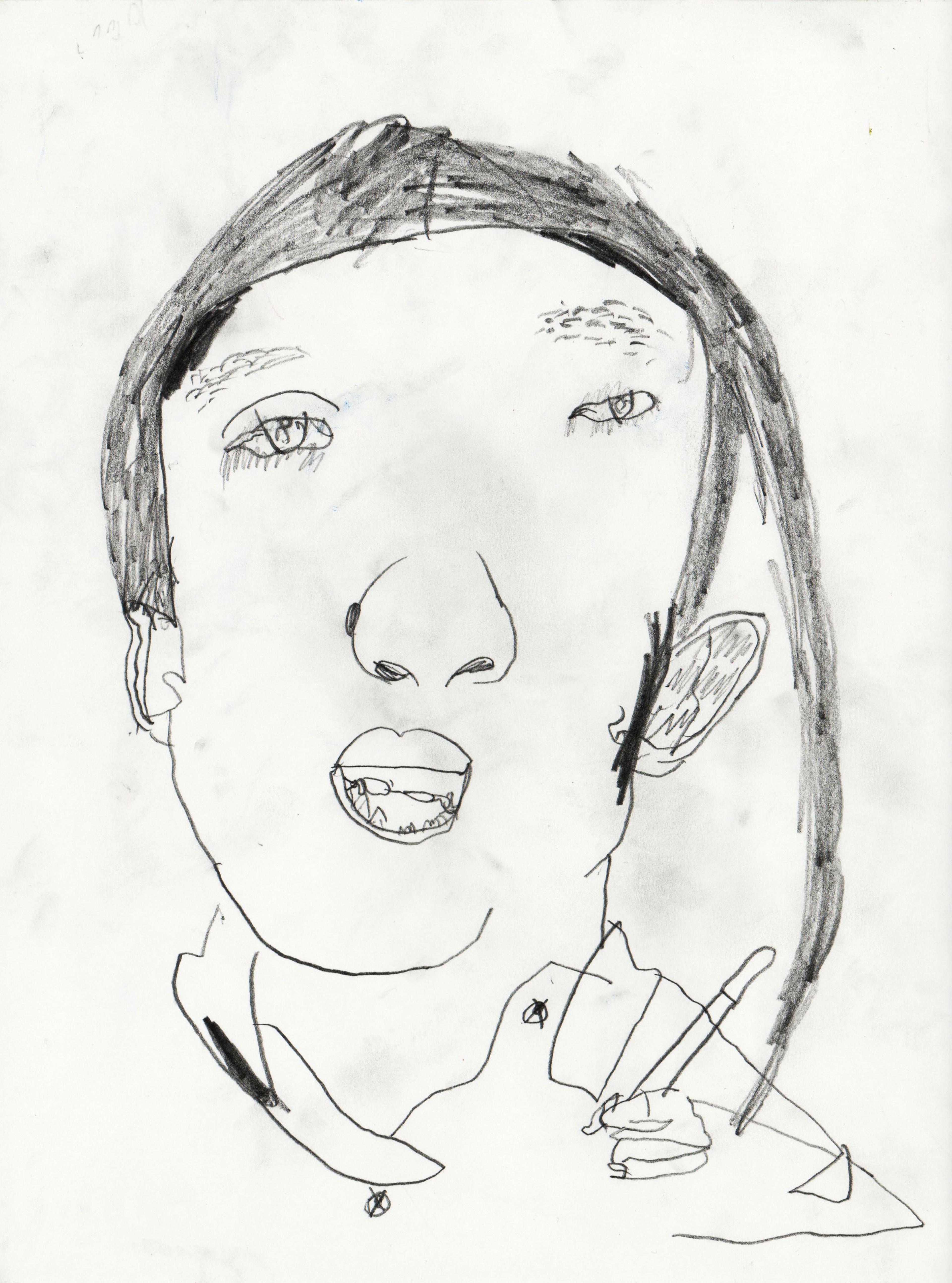Black-and-white-pencil self-portrait of a young boy with dark hair facing the viewer. A single long strand of hair hangs off to the right of his head, extended down past his left shoulder. His eyes are far apart, and the tip of his nose is large. His mouth is slightly open, displaying his teeth and tongue. The collar of the boy's shirt and top buttons are represented below his neck, and his left hand is drawn very small at right beneath his left shoulder, with his fingers holding a pencil.