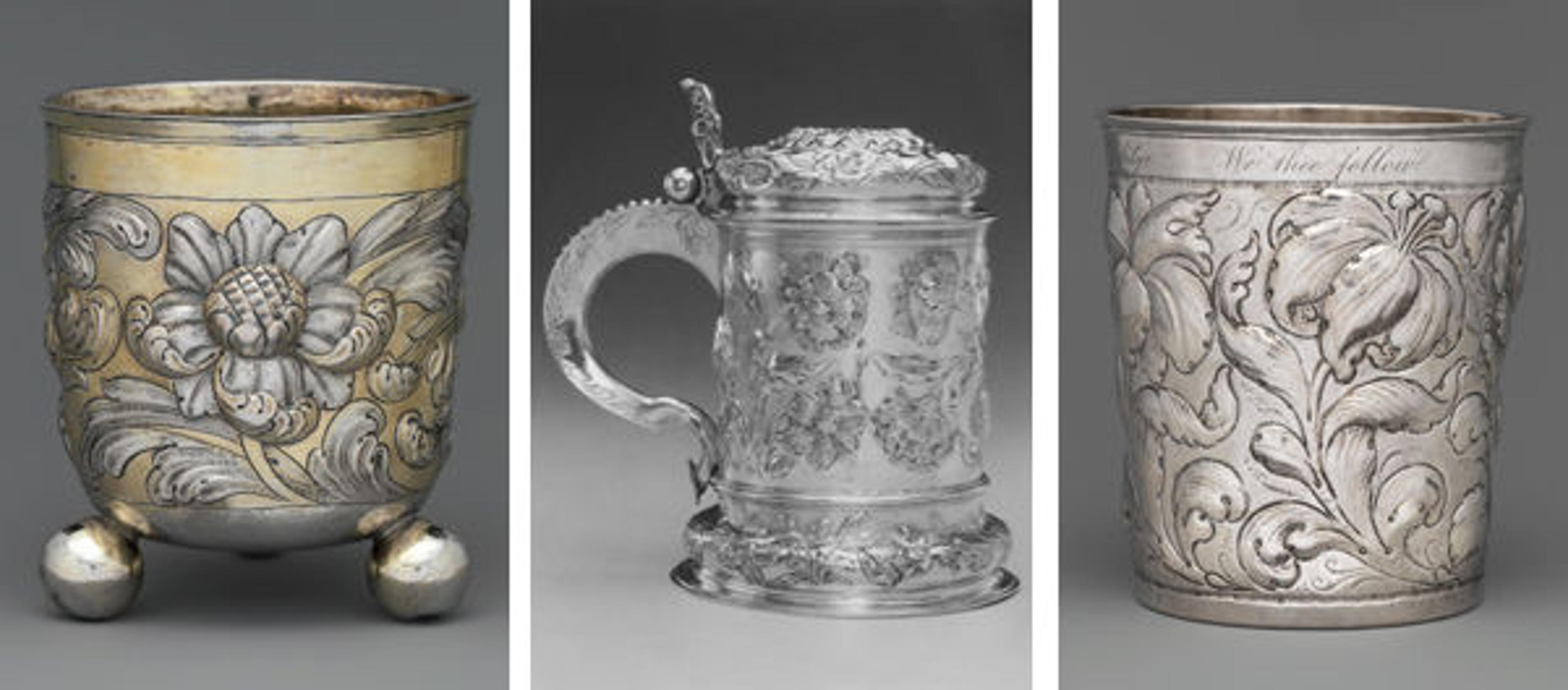 Left to right: Beaker, late 17th century. Hungarian, Rimaszombat. Silver, partly gilded; Overall: 4 1/2 x 4 in. (11.5 x 10.1 cm). The Metropolitan Museum of Art, New York, Gift of The Salgo Trust for Education, New York, in memory of Nicolas M. Salgo, 2010 (2010.110.50). Hanss Lambrecht III (German, active 1630–70). Tankard, ca. 1660. German, Hamburg. Silver, partly gilded; Height: 8 5/8 in. (21.9 cm). The Metropolitan Museum of Art, New York, The Collection of Giovanni P. Morosini, presented by his daughter Giulia, 1932 (32.75.83). Beaker, second half 17th century. Possibly Norwegian. Silver; Height: 3 5/8 in. (9.2 cm); Diameter: 3 1/4 in. (8.3 cm). The Metropolitan Museum of Art, New York, Rogers Fund, 1913 (13.42.18)