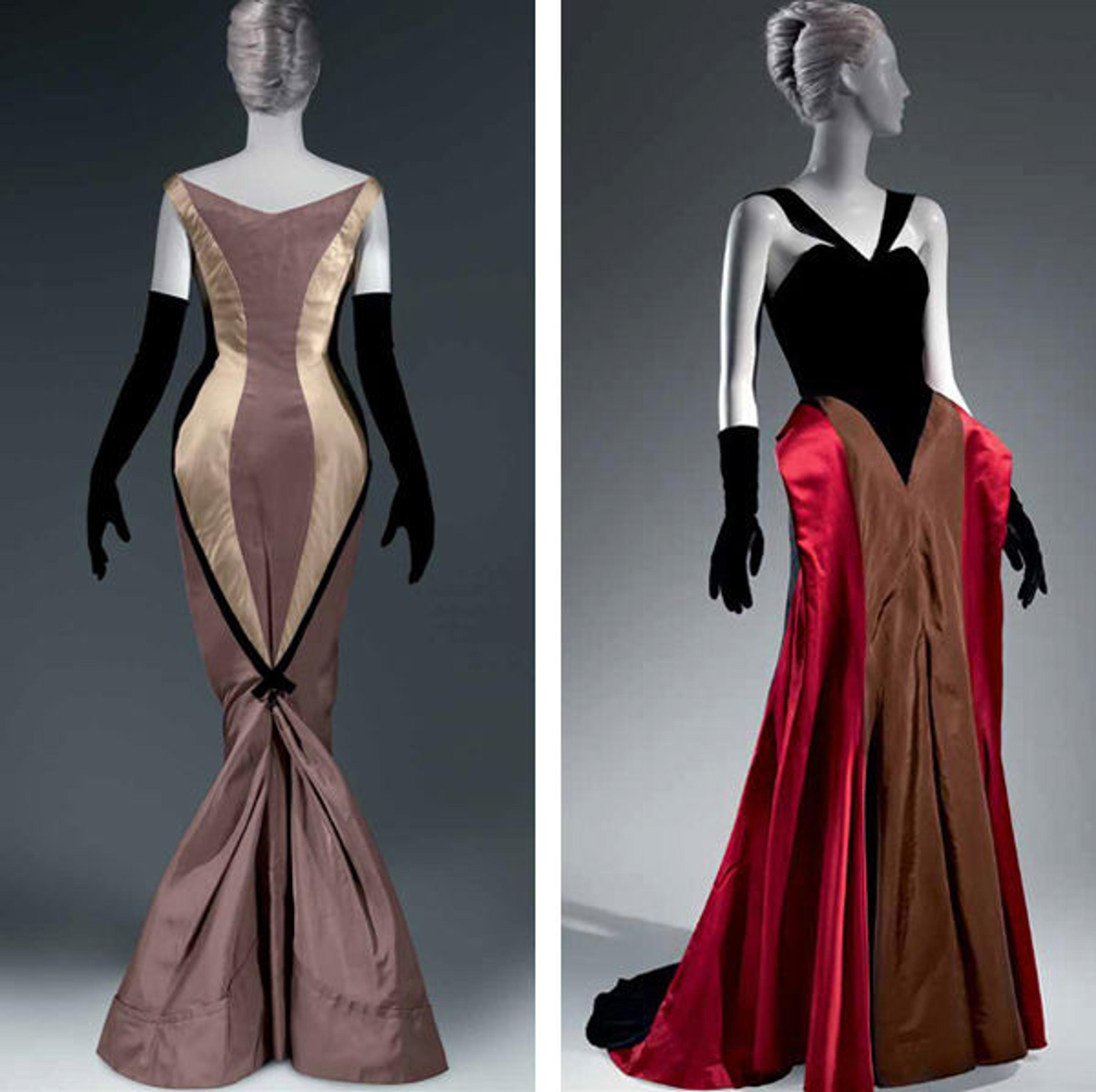 Charles James (American, born Great Britain, 1906–1978). Left: "Diamond" Evening Dress, 1957; Right: Ball Gown, 1946