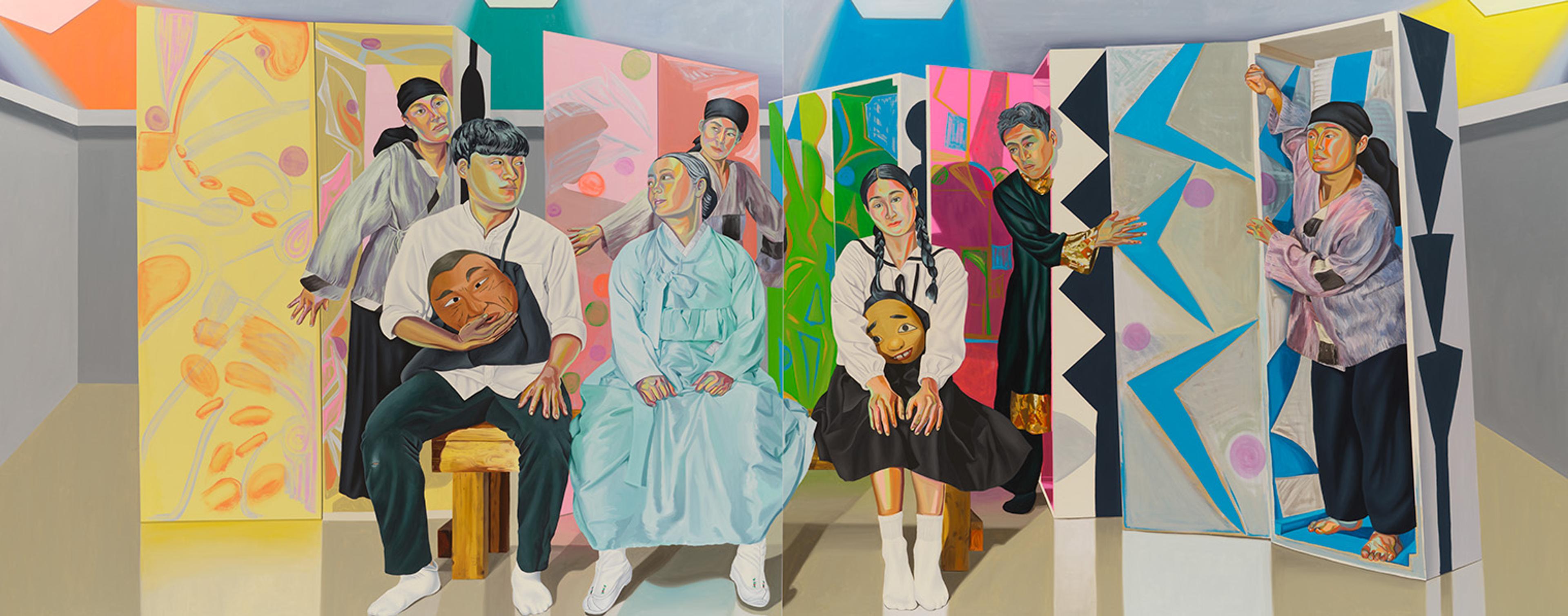 A colorful painting depicts seven people in varied outfits posed against vibrant geometric backgrounds.