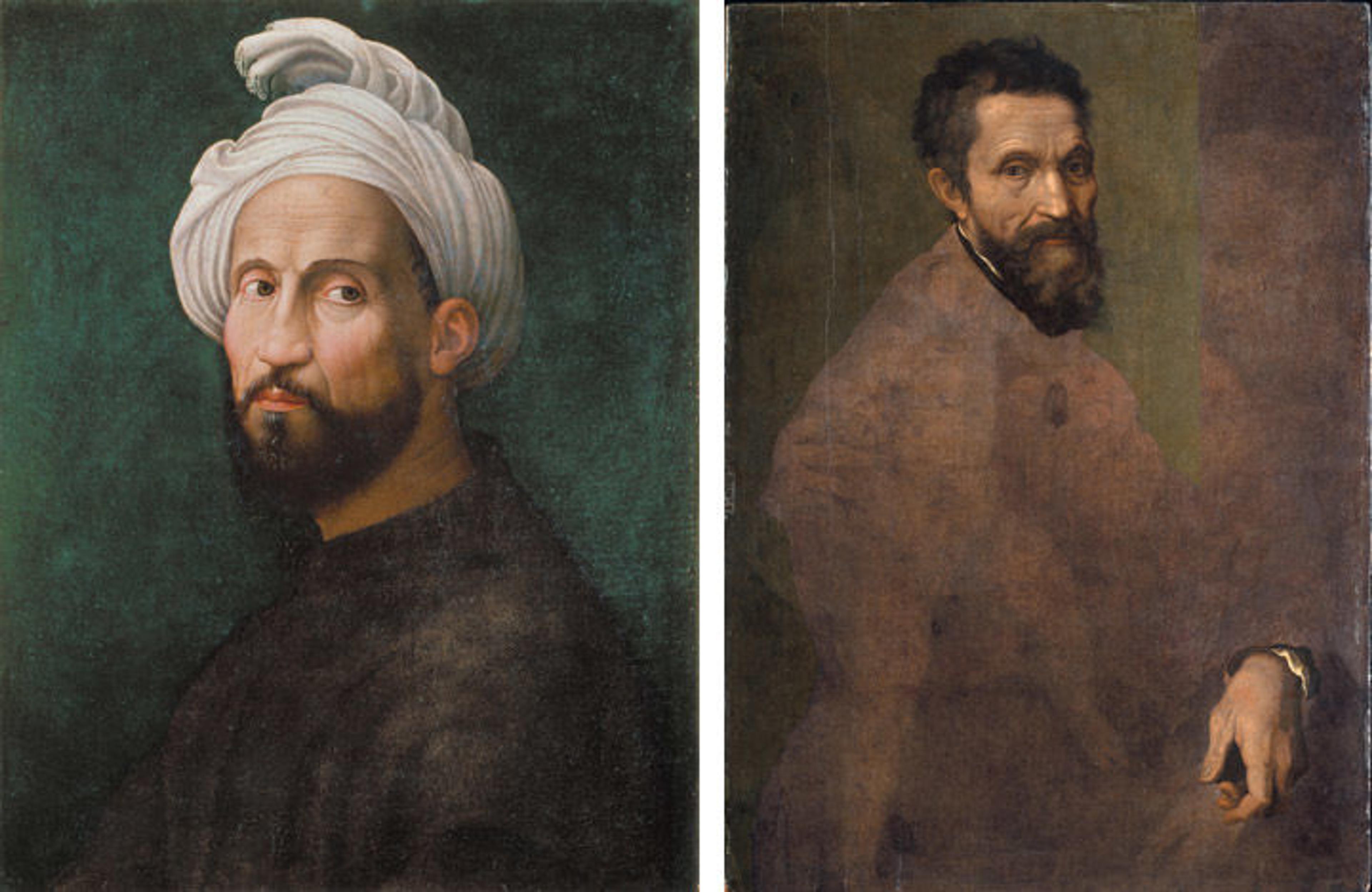 Two oil-paint portraits of Michelangelo, by Giuliano Bugiardini (left) and Jacopino del Conte (right)