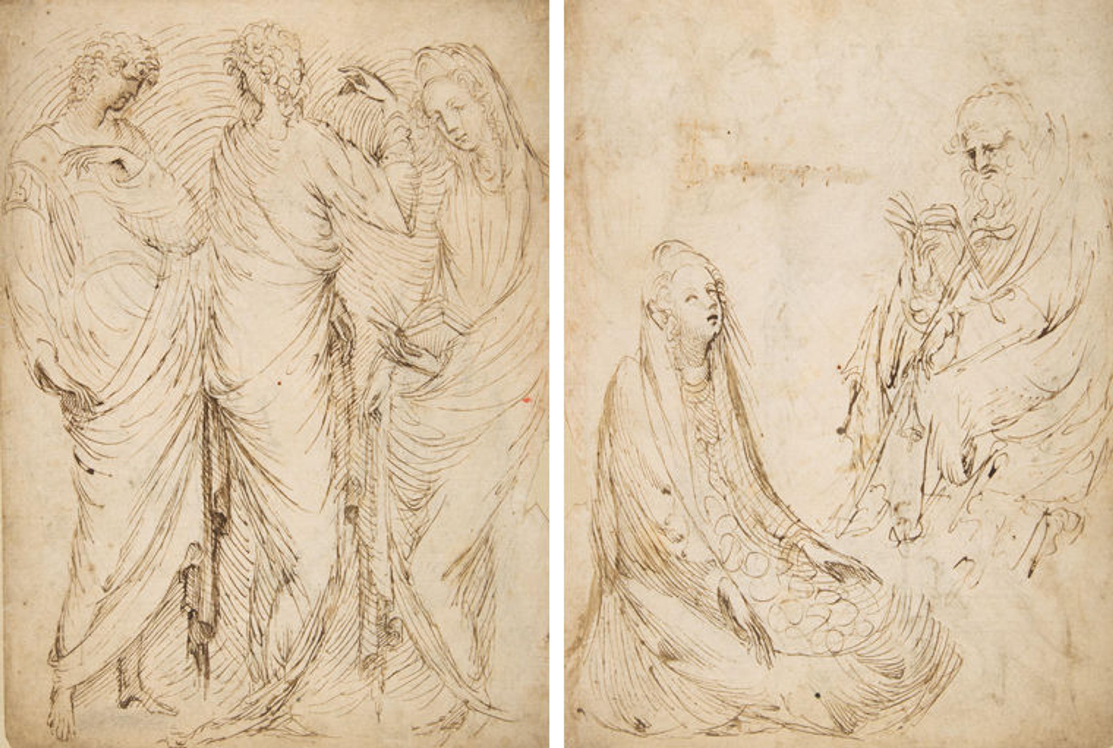 Two brown-ink drawings by Stefano da Verona: at left, three figures standing in Classical garb; at right, a woman kneels before a seated hermit