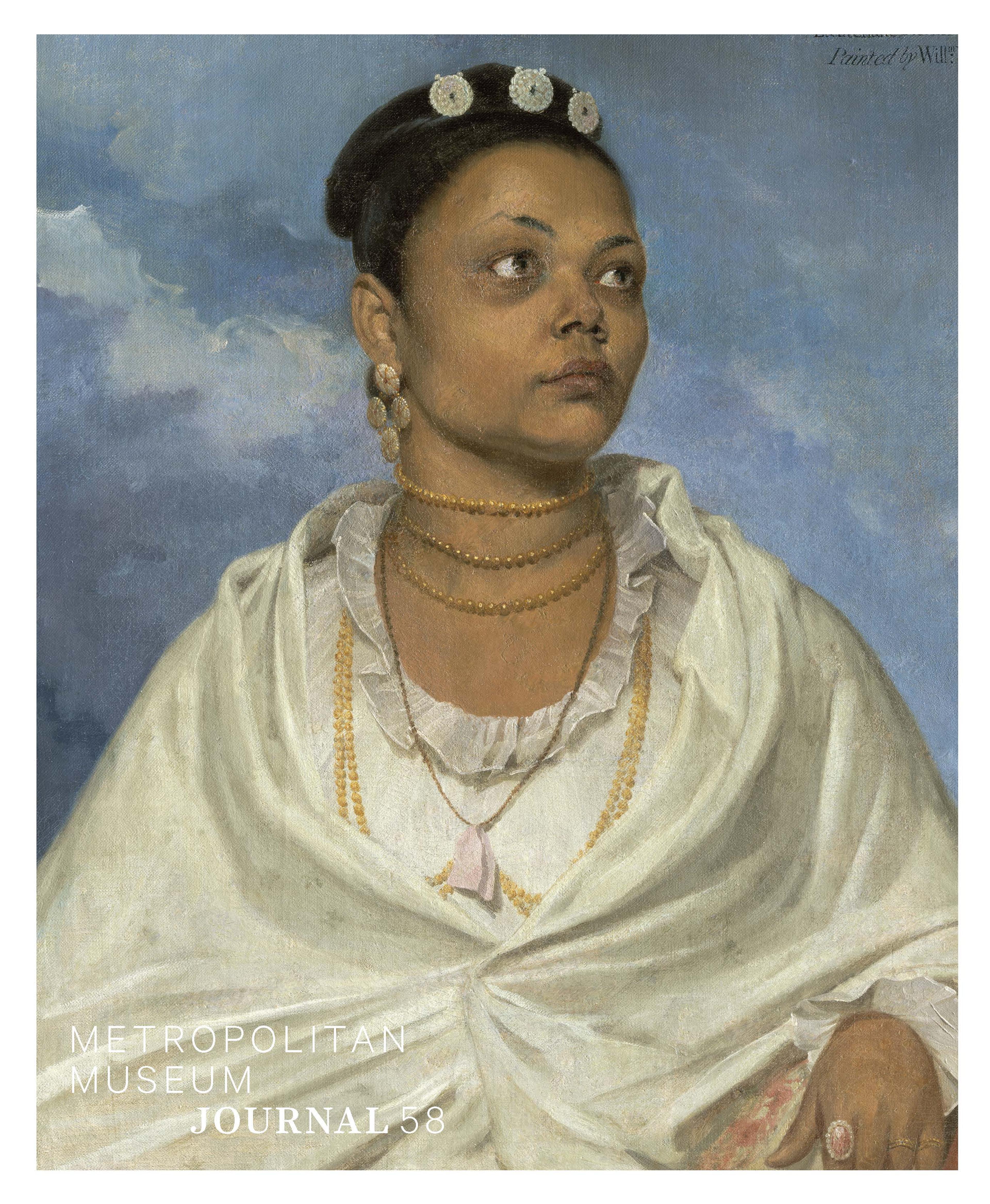 a portrait of a woman with medium skin tone, in a white robe and blouse with bead necklaces, against a cloudy sky, with writing in the upper right identifying her and the artist