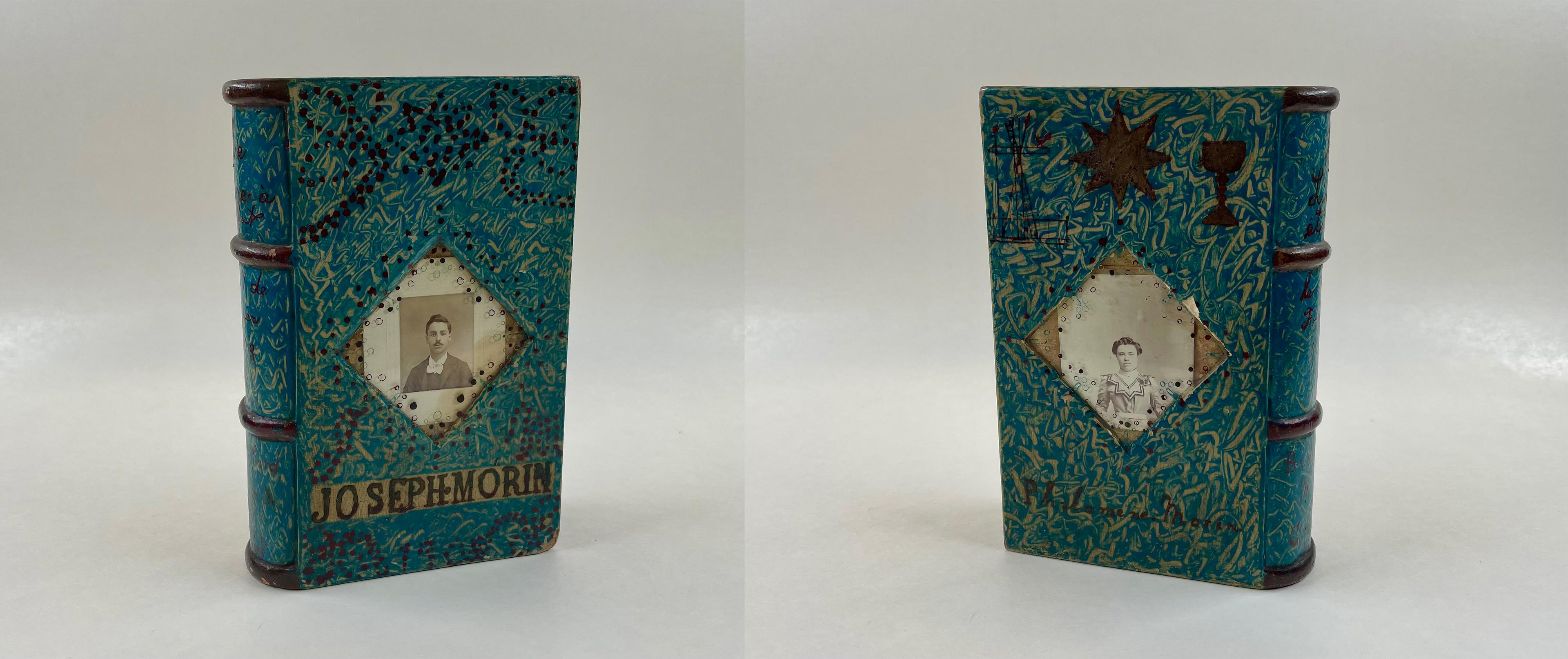 Front and back, both featuring black and white portraits inlaid