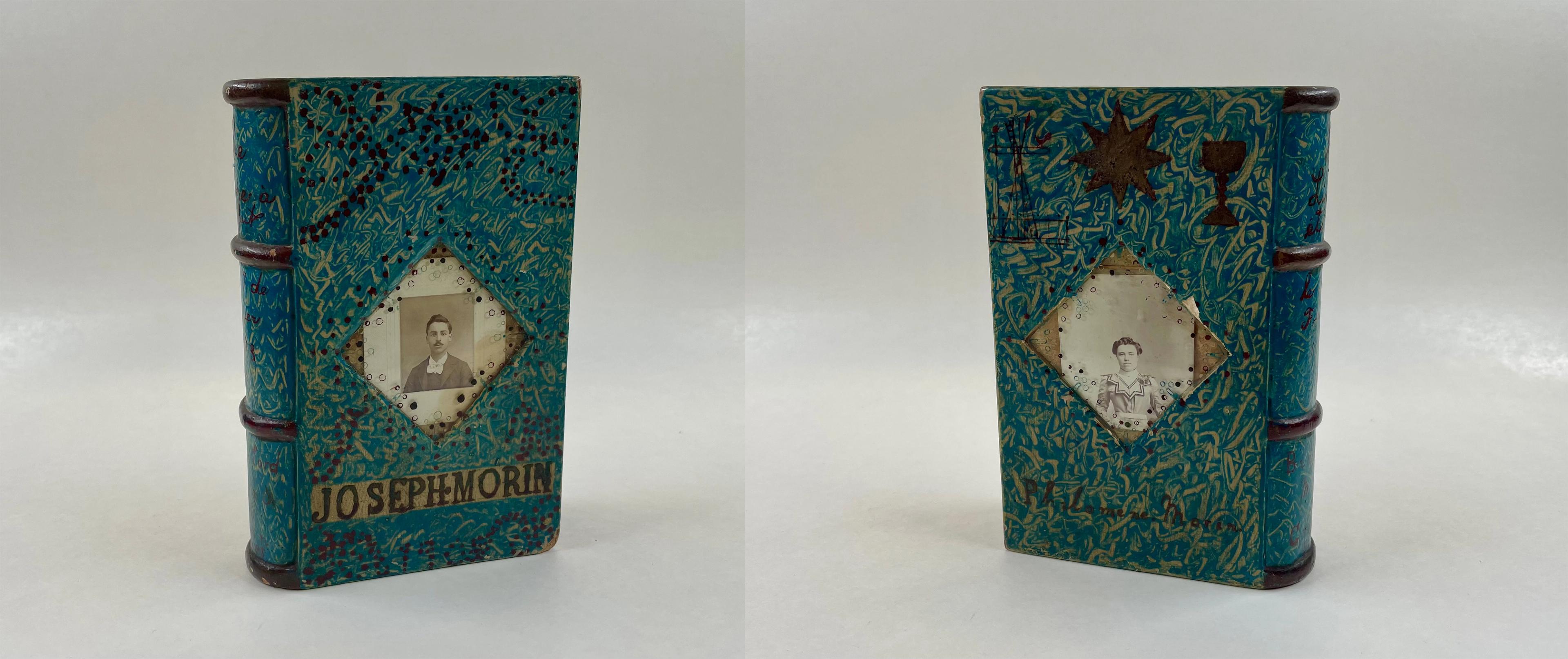 Front and back, both featuring black and white portraits inlaid