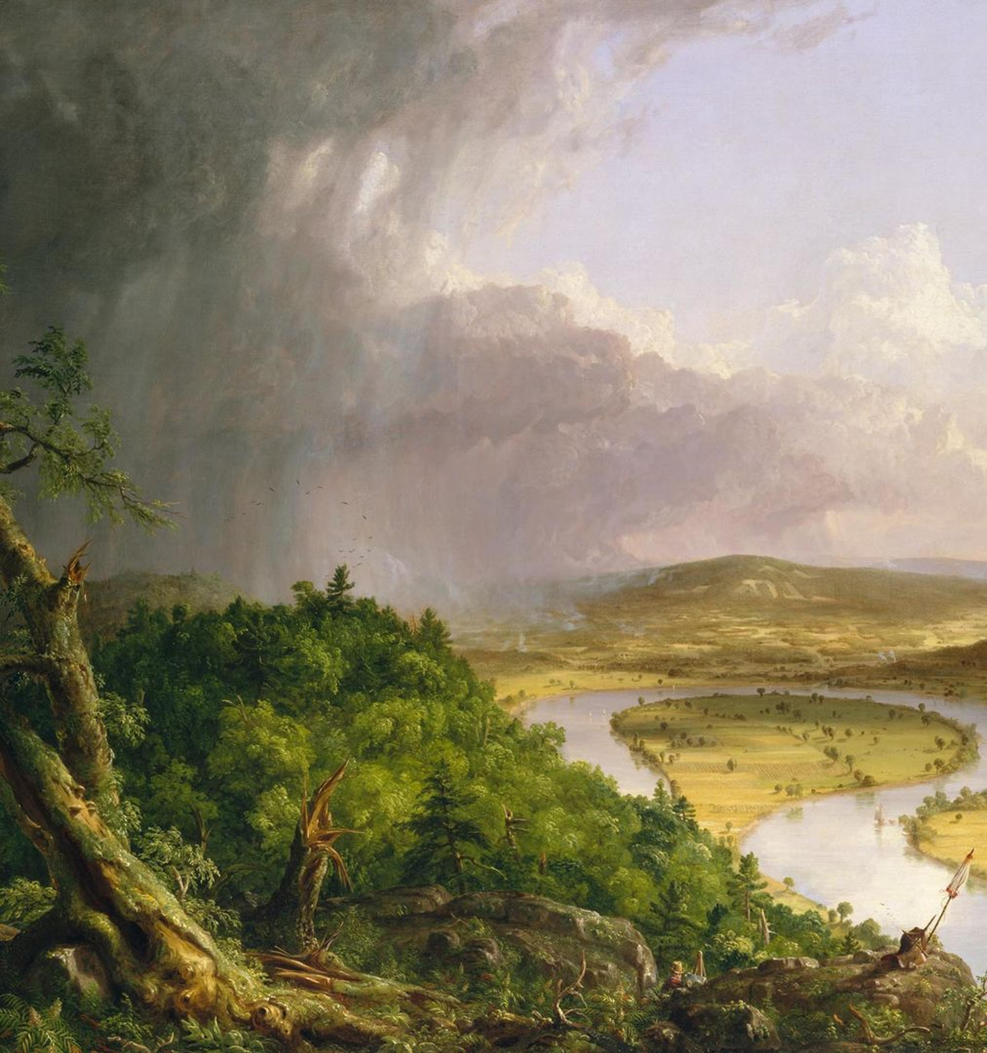 Detail of Thomas Cole painting of a landscape of Mount Holyoke in Northampton, Massachusetts