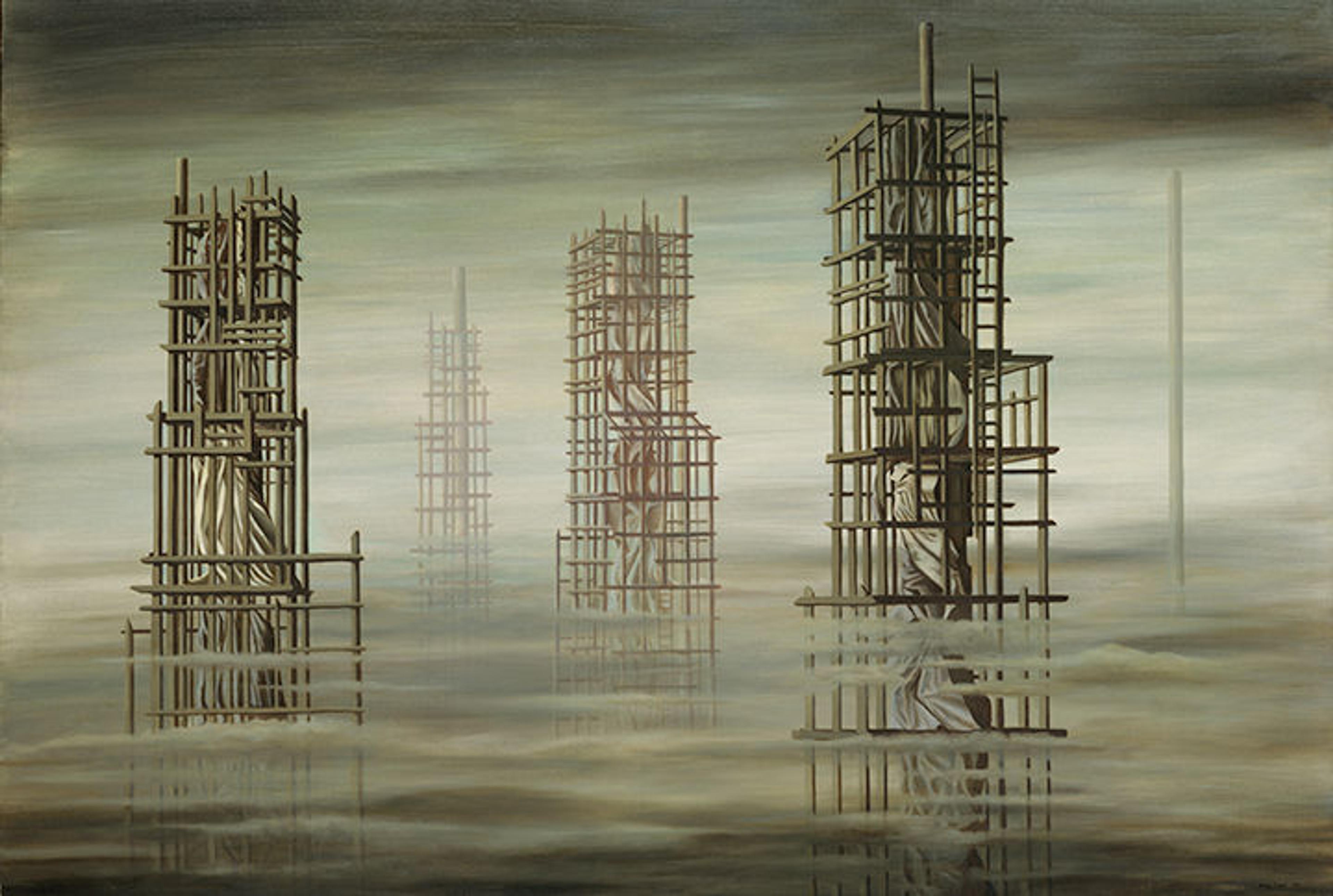 Kay Sage's painting depicts a made-up landscape with buildings floating in fog.