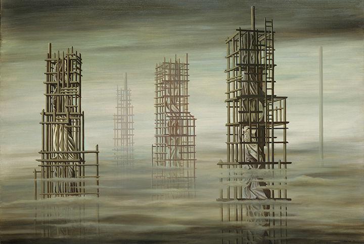 Kay Sage's painting depicts a made-up landscape with buildings floating in fog.