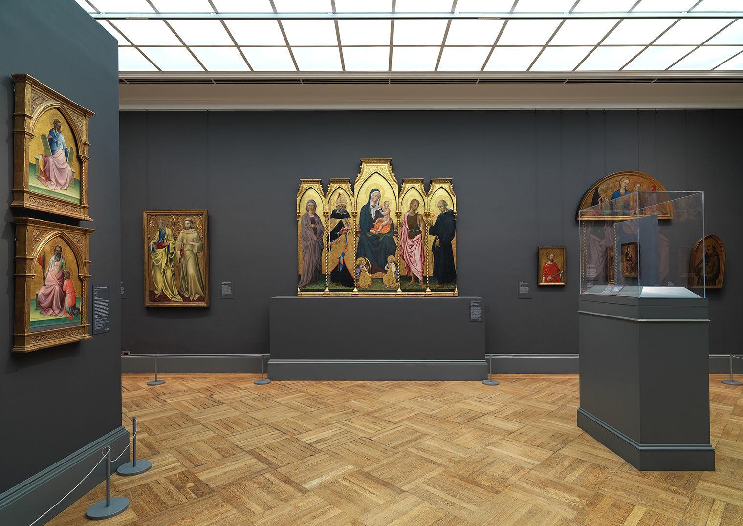 Shot of an altarpiece by Giovanni di Paolo in the galleries.