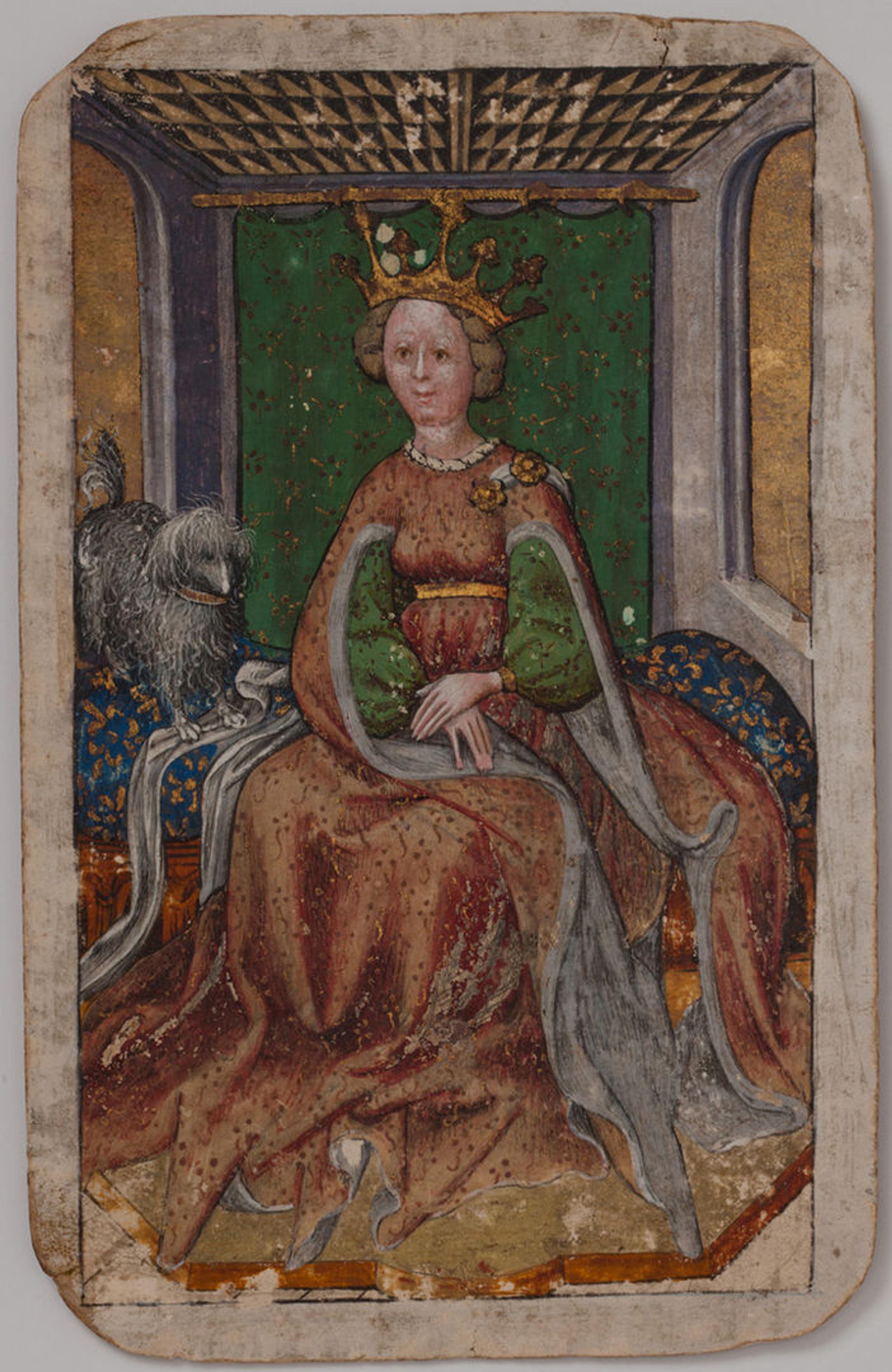 Queen of Hounds, from The Stuttgart Playing Cards, ca. 1430. Made in Upper Rhineland, Germany. Paper (six layers in pasteboard) with gold ground and opaque paint over pen and ink; 7 1/2 x 4 3/4 in. (19.1 x 12.1 cm). Landesmuseum Württemberg, Stuttgart