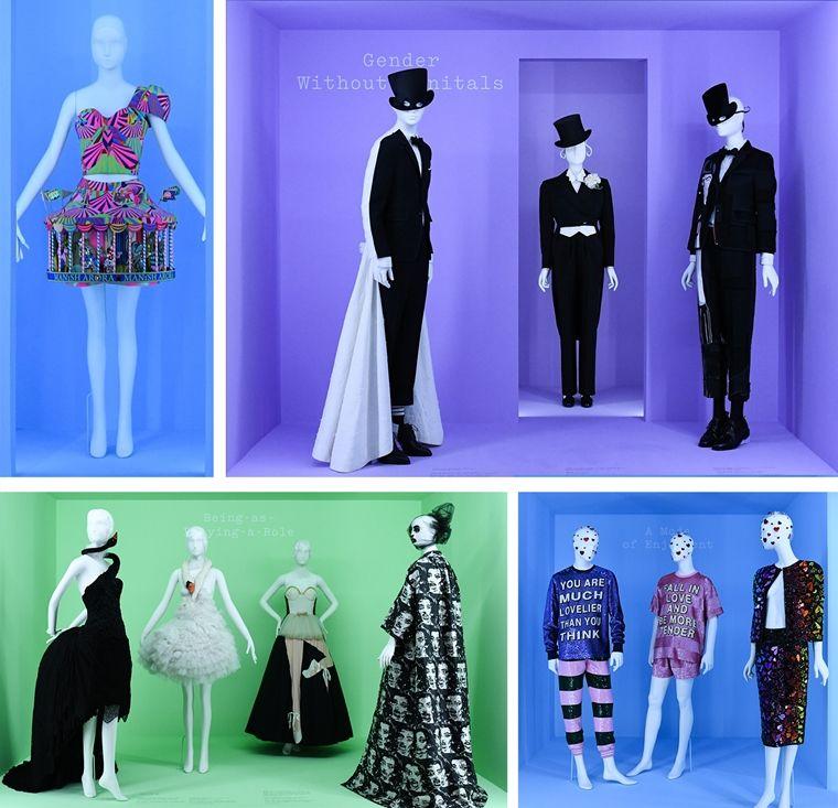 Four installation views of various ensembles from the exhibition.