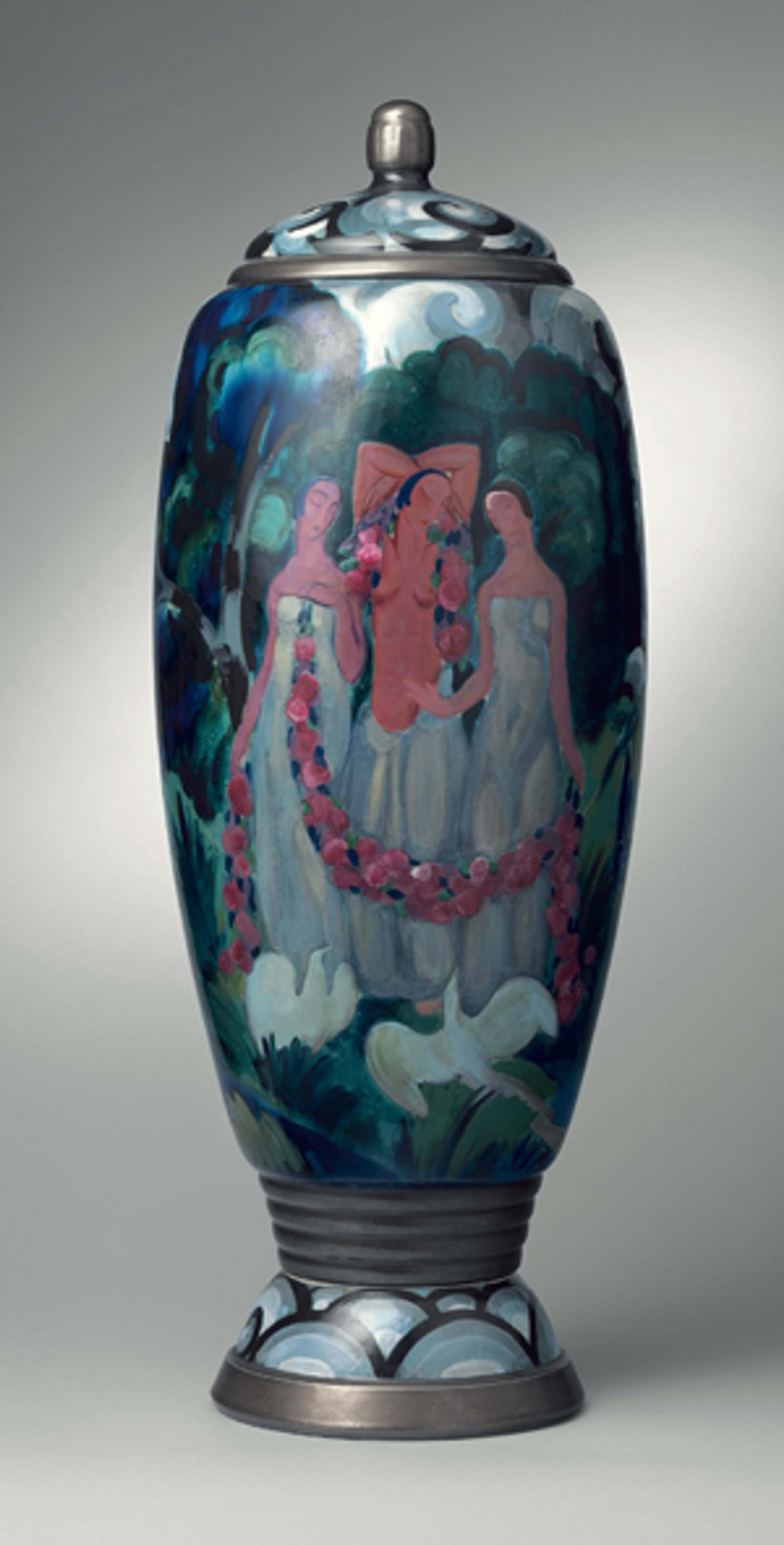 Left: French Art Deco provides information about relatively unknown designers such as René Crevel. René Crevel (French, 1900–1935). Vase with lid, ca. 1925. Sèvres Manufactory (French, 1740–present). Porcelain; H. 28 1/2 in., Diam. 10 in. (71.6 x 25.4 cm). The Metropolitan Museum of Art, New York, Bequest of James H. Stubblebine, 1987 (1987.473.11ab)