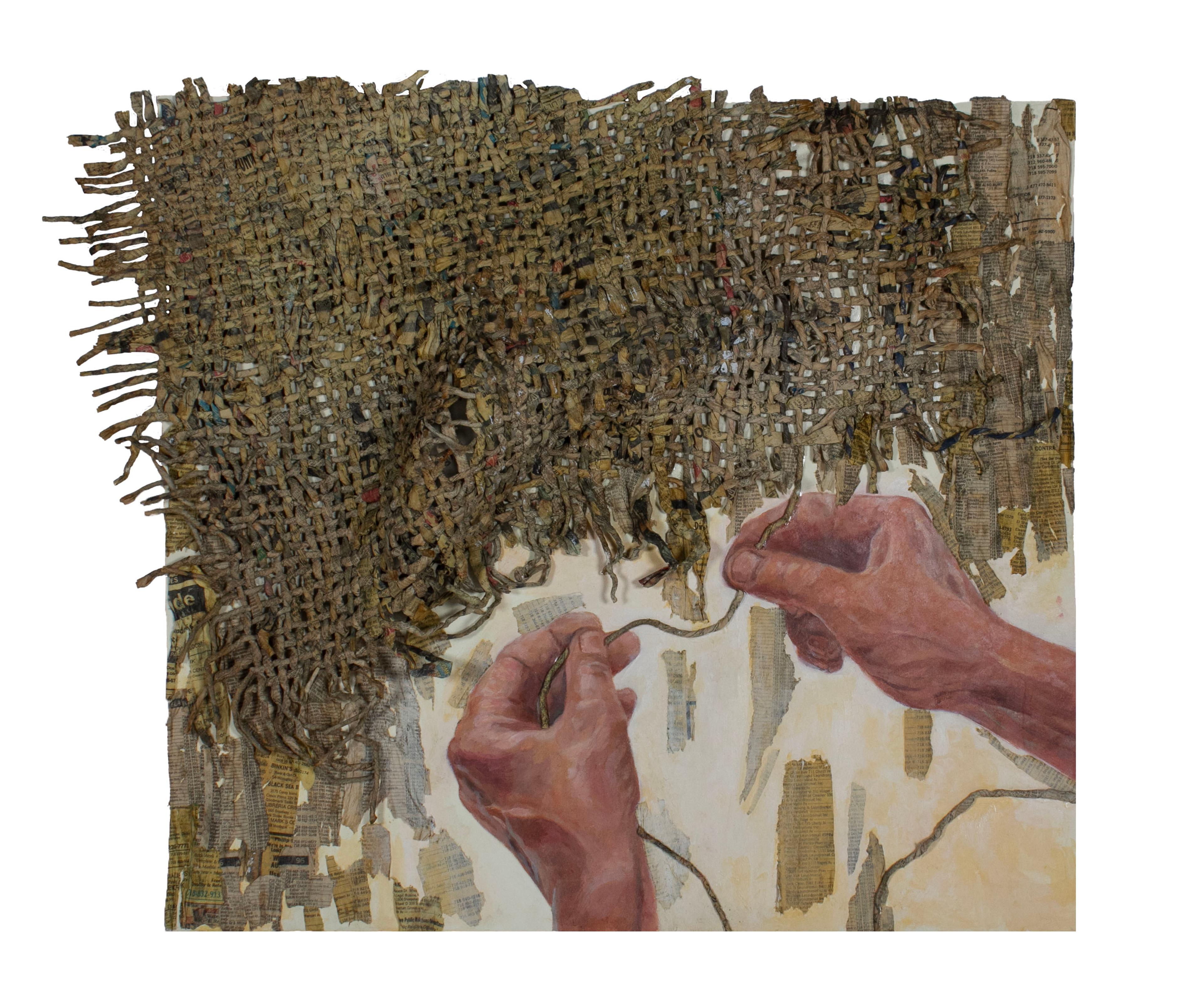 Painting of a pair of hands weaving made from acrylic and phone-book paper on Bristol Board. The hands, at bottom right, weave a narrow strip of paper into a much larger tapestry of interlaced, brown woven paper that takes up the entire top half of the canvas. Frayed paper strips stick off the edges of the canvas at the top and left.