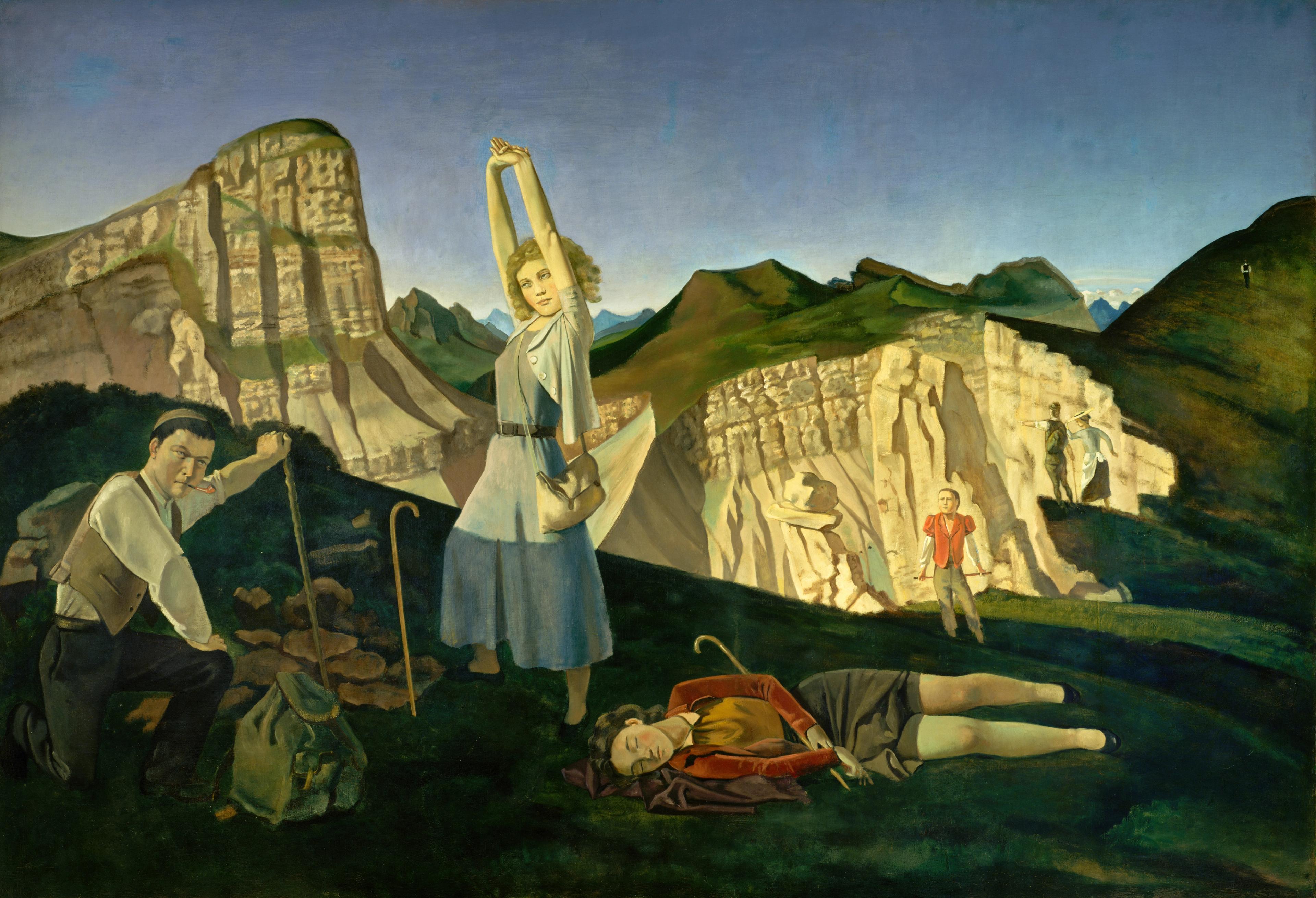 Painting of several figures in a mountainous landscape: a woman in a blue dress stretches with arms raised at center, a man crouches beside a bag at left, another woman sleeps on the grass, and small figures walk along pale cliffs in the distance.