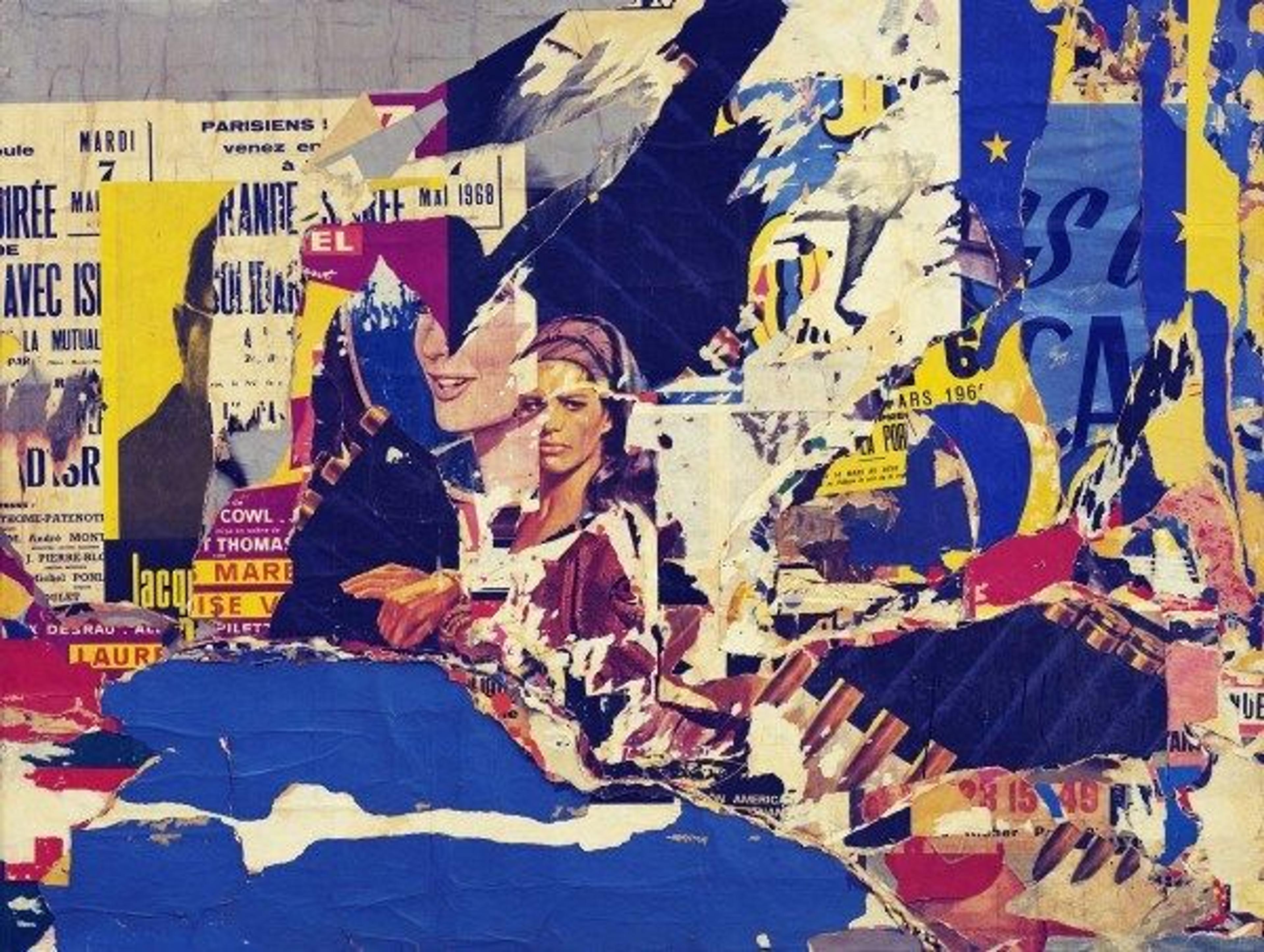 A vibrant mixed media collage using cut up advertisements and posters by artist Jacques Villeglé