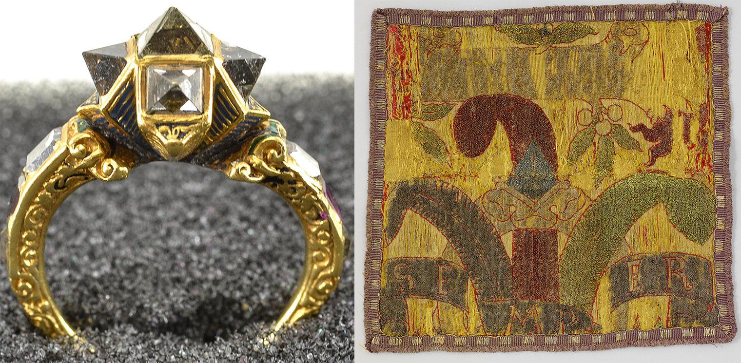 Ring with point-cut diamond and fragment of textile with Medici emblem