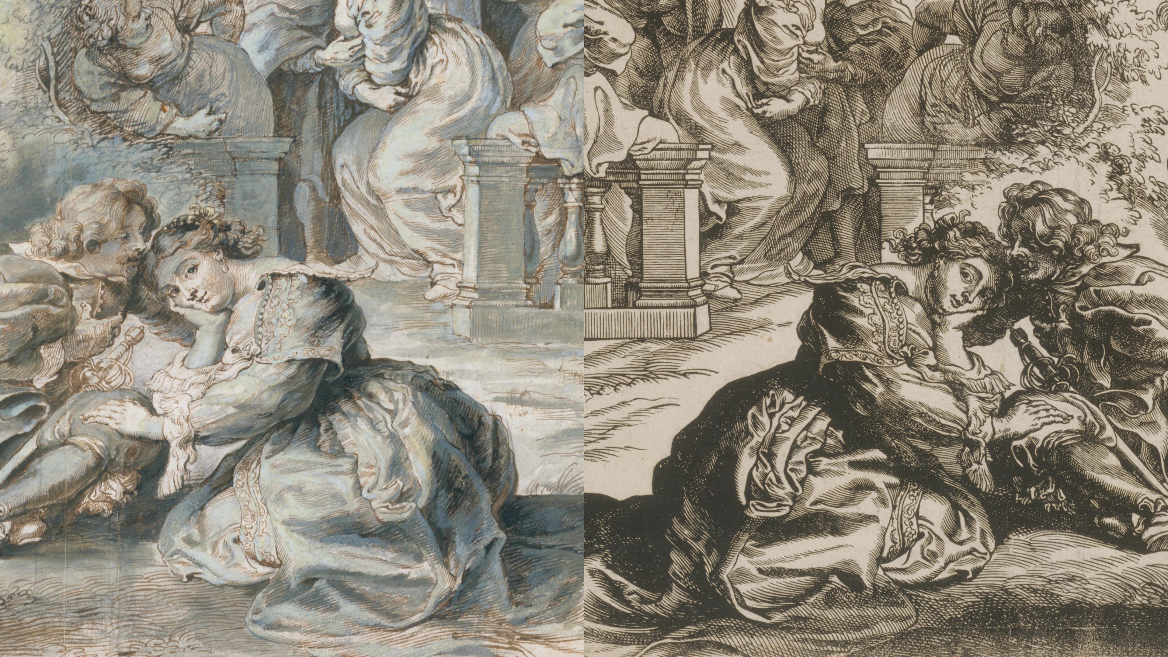 Composite image showing a drawing of two young lovers by Peter Paul Rubens (left) and a print of an identical image by the same artist (right)