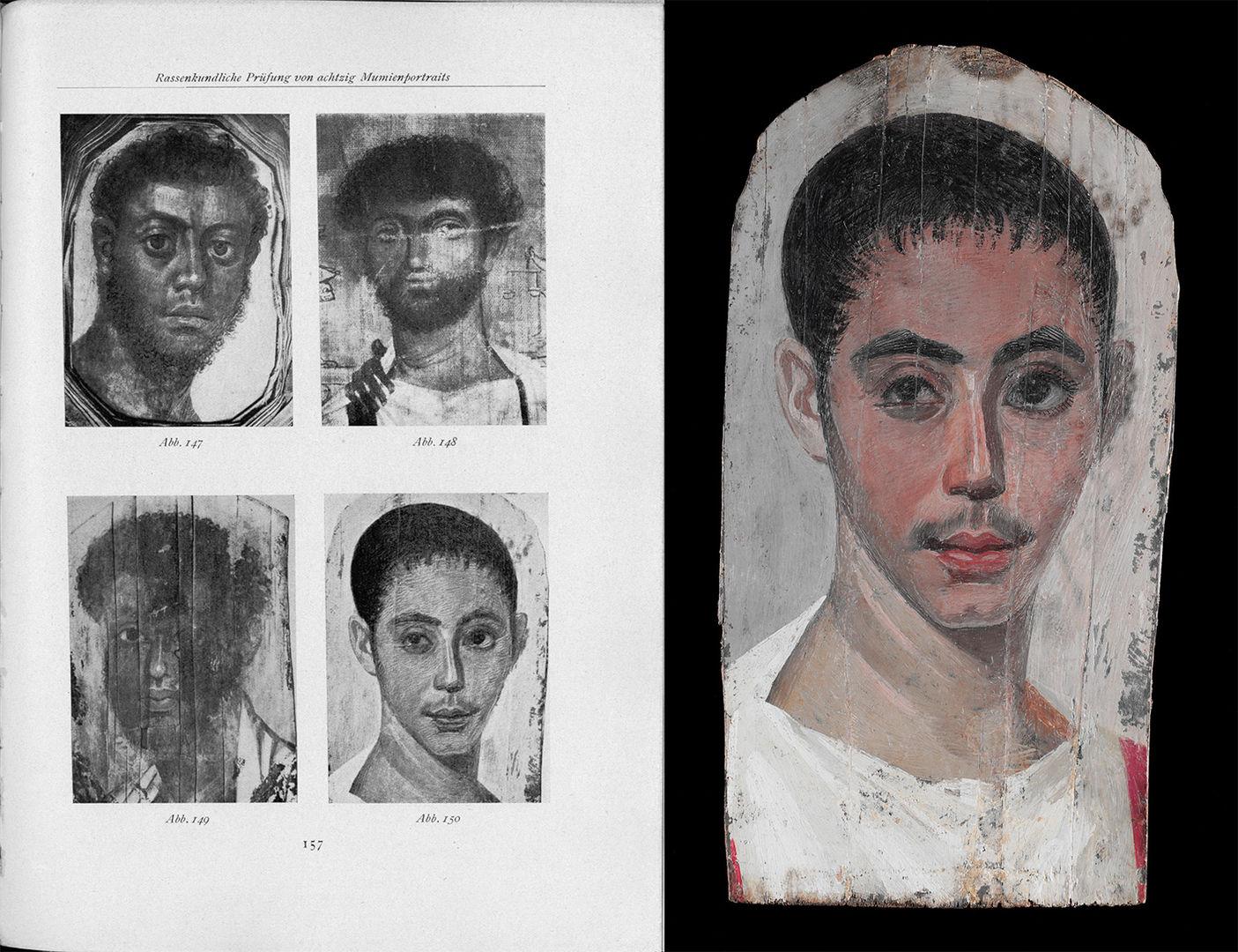 On the left, a black and white plate from a book with four images of faces. On the right, the color image of the head of a young man with a wispy mustache and beard and short hair, wearing a white garment.